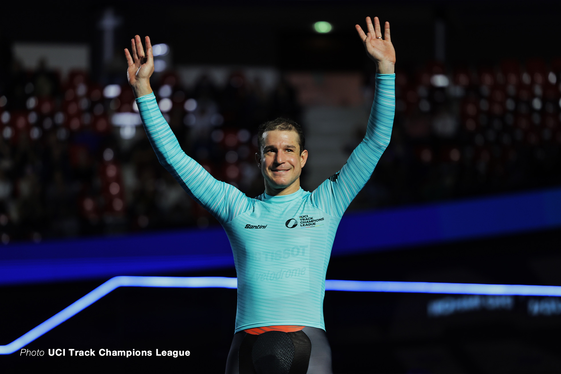 Claudio Imhof of Switzerland on the podium leading the Men's Endurance, UCI Track Champions League