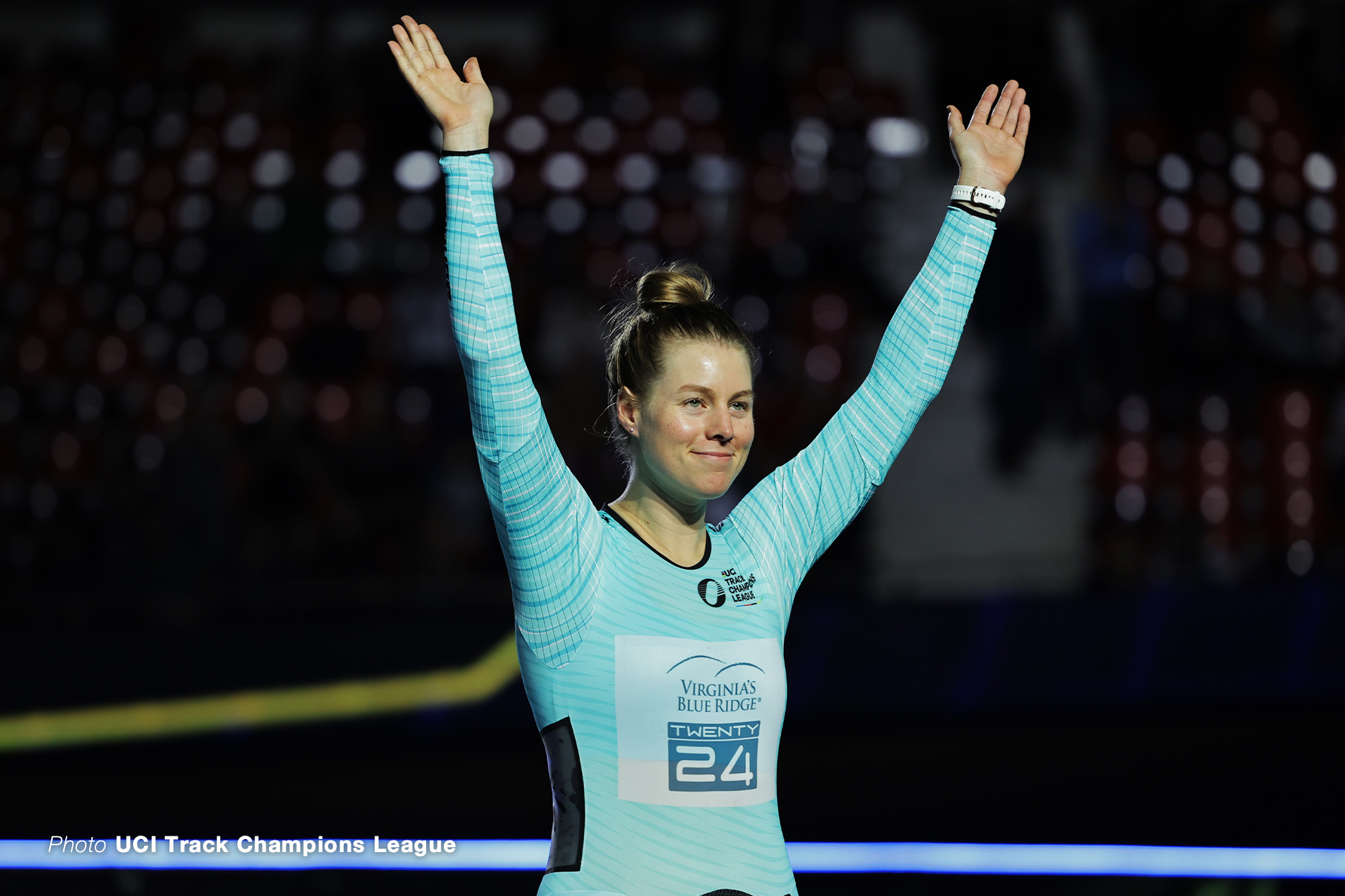 Jennifer Valente of The USA on the podium leading the Women's Endurance Class, UCI Track Champions League