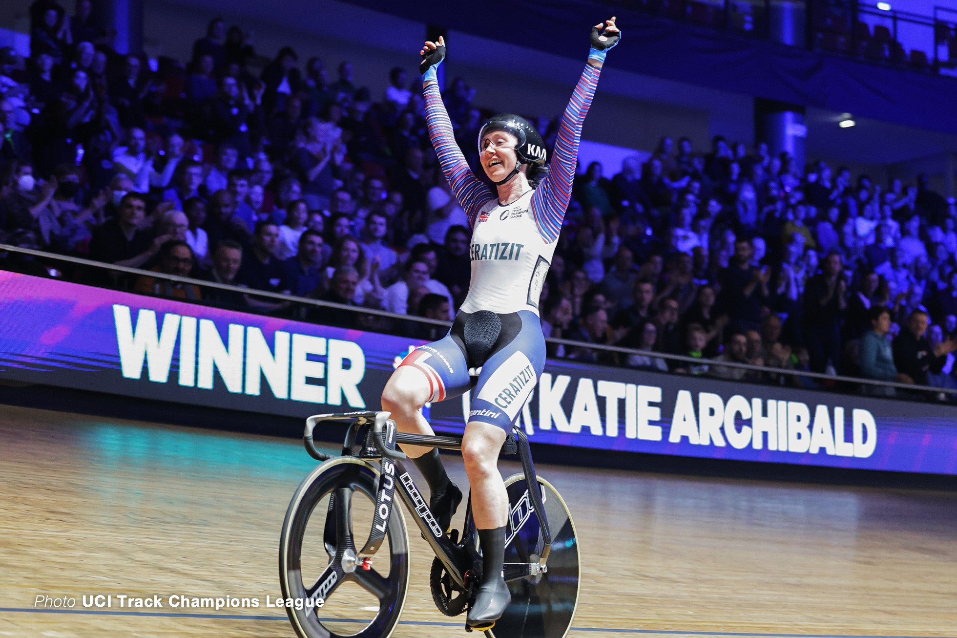 Katie Archibald of Great Britain after taking the victory in the Women's Elimination,