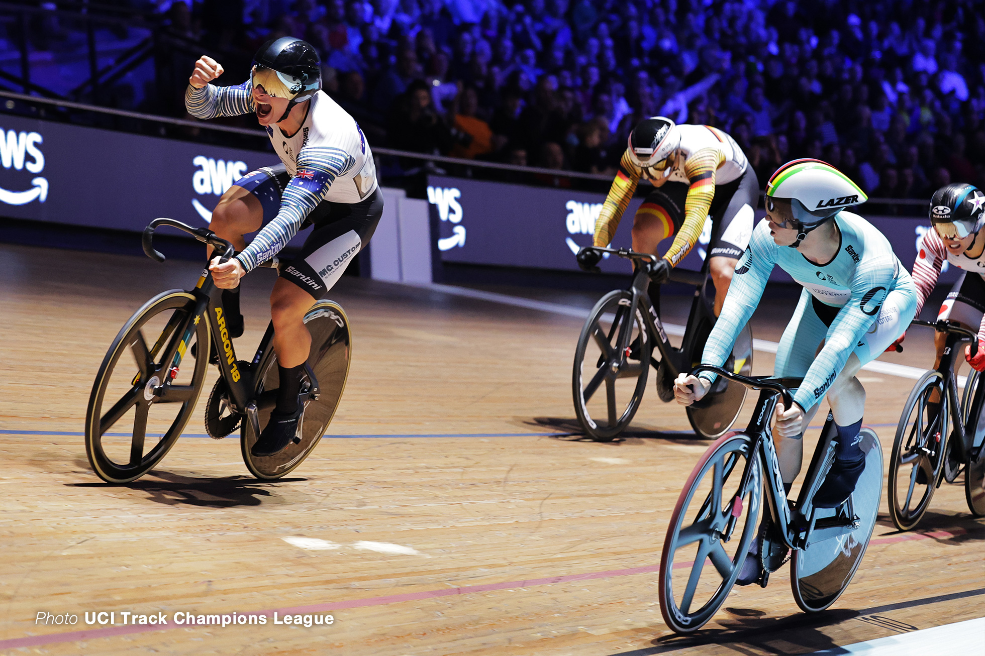 Matthew Richardson of Australia after taking the victory in the Men's Keirin, UCI Track Champions League