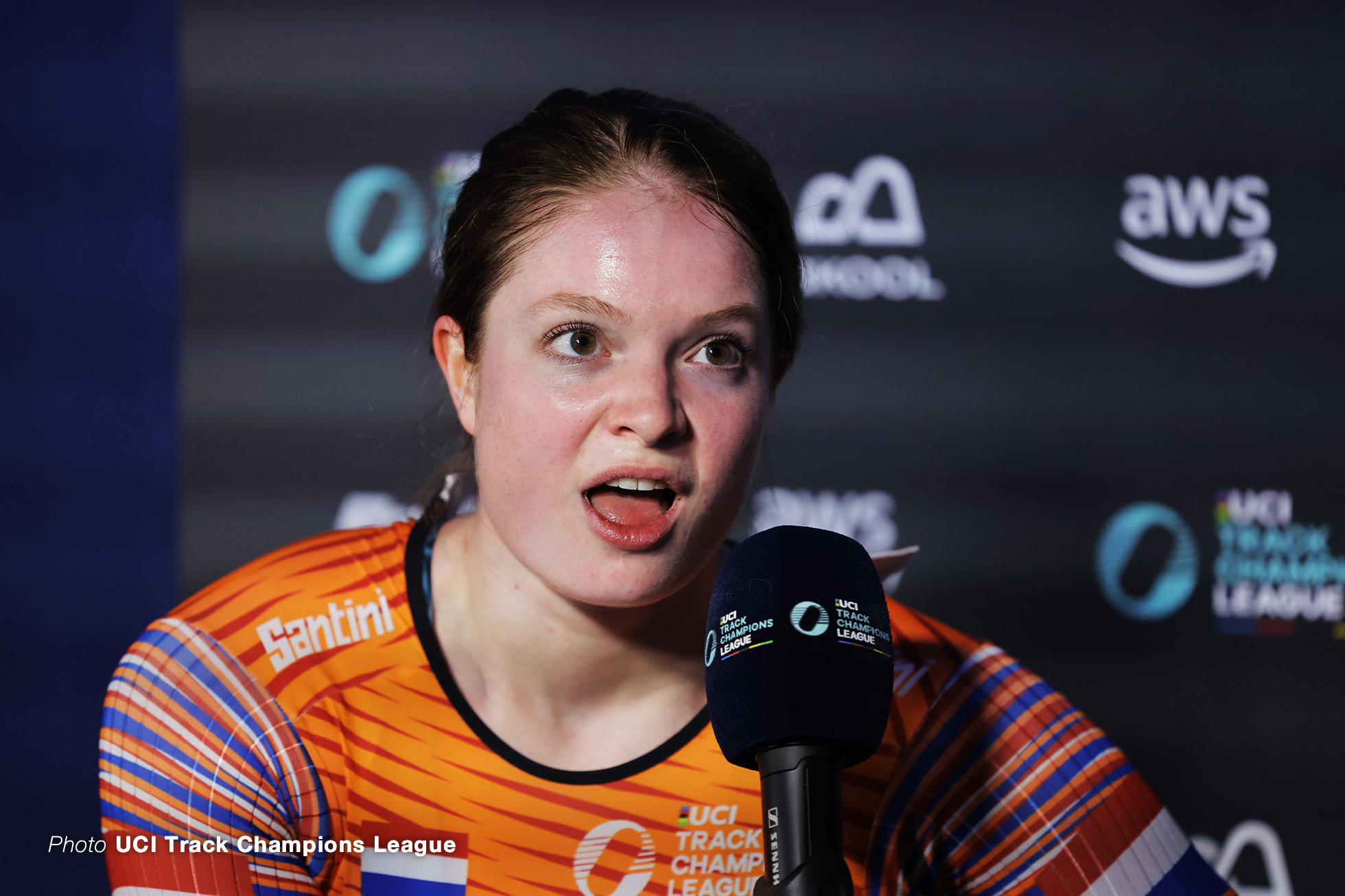 Steffie van der Peet of The Netherlands after taking the victory in the Women's keirin, UCI Track Champions League