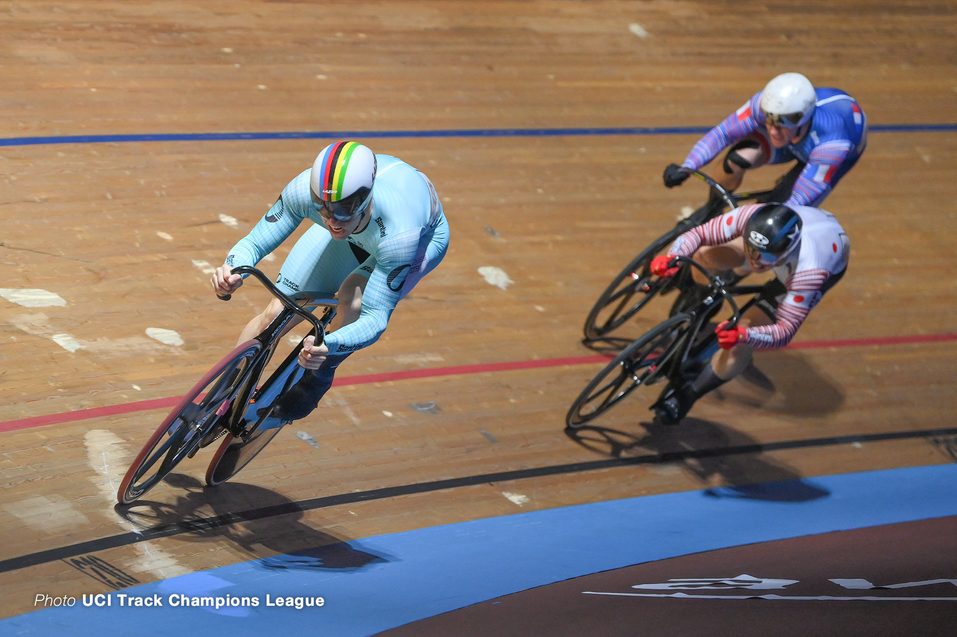 ハリー・ラブレイセン Harrie Lavreysen of The Netherlands, トム・デラシェ Tom Derache of France, 中野慎詞 Shinji Nakano of Japan in the Mens Sprint First Round, UCI Track Champions League, Round 2: Berlin