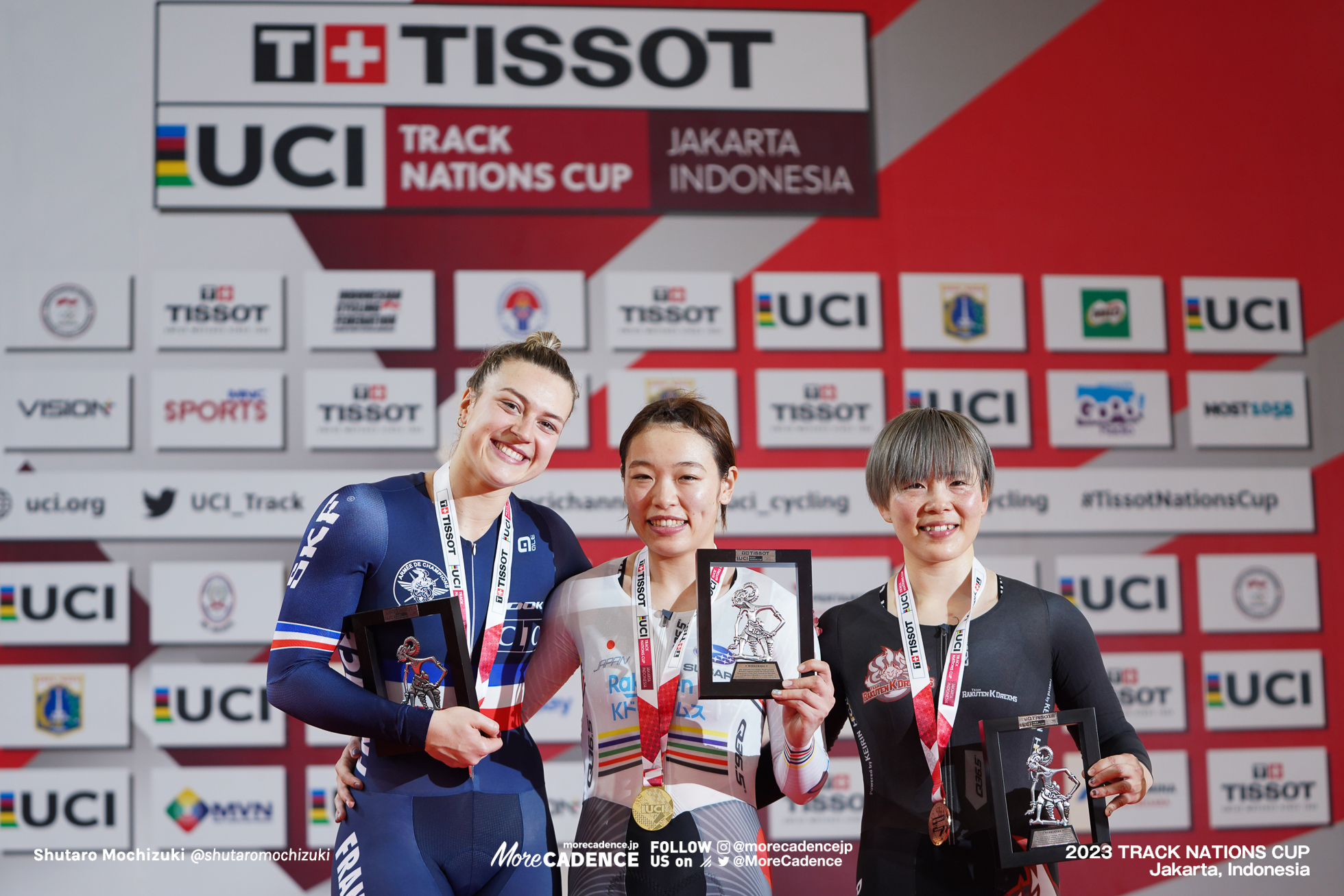 佐藤水菜, 梅川風子, マチルド・グロ, GROS Mathilde, FRA, 女子ケイリン表彰台, WOMEN'S Keirin Podium, 2023トラックネーションズカップ ジャカルタ, 2023 TRACK NATIONS CUP Jakarta, Indonesia