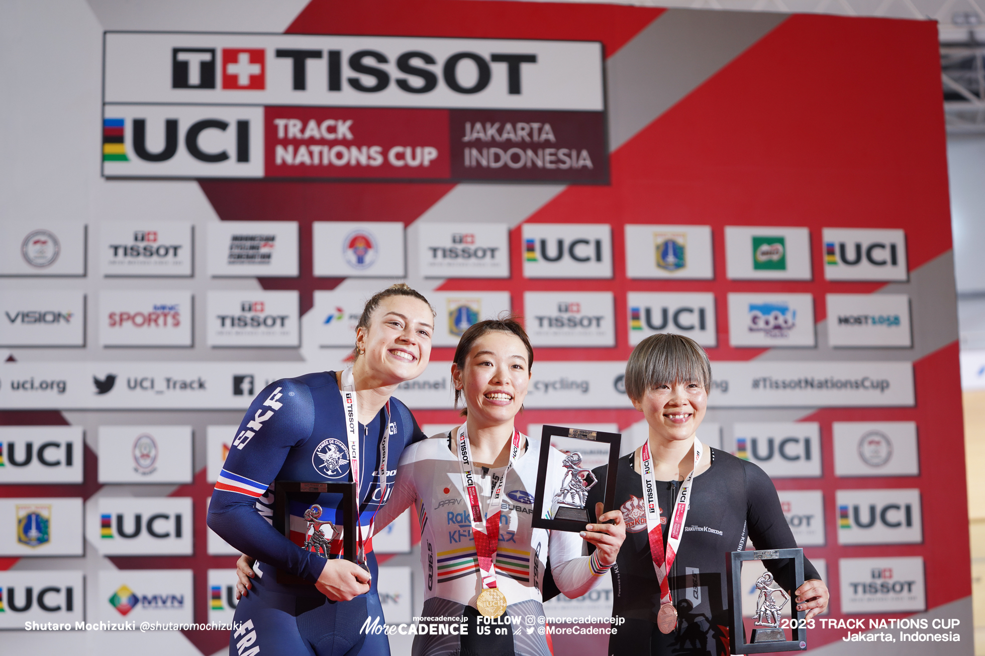 佐藤水菜, 梅川風子, マチルド・グロ, GROS Mathilde, FRA, 女子ケイリン表彰台, WOMEN'S Keirin Podium, 2023トラックネーションズカップ ジャカルタ, 2023 TRACK NATIONS CUP Jakarta, Indonesia