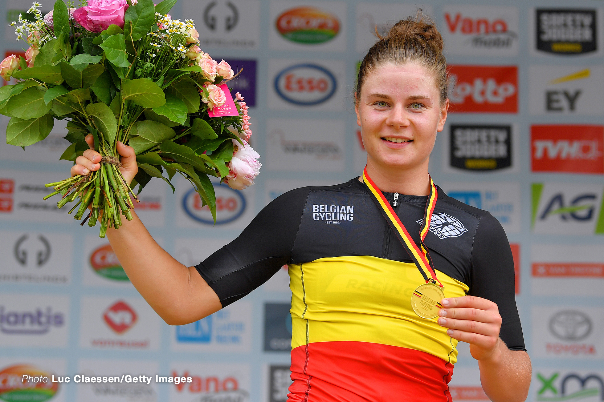 WAREGEM, BELGIUM - JUNE 20: Lotte Kopecky of Belgium Gold Medal Belgian Champion Jersey celebrates at podium during the 122th Belgian Road Championship 2021 - Women's Road Race a 122,4km one day race from Waregem to Waregem / @BELCycling / #belgiancycling / on June 20, 2021 in Waregem, Belgium. (Photo by Luc Claessen/Getty Images)