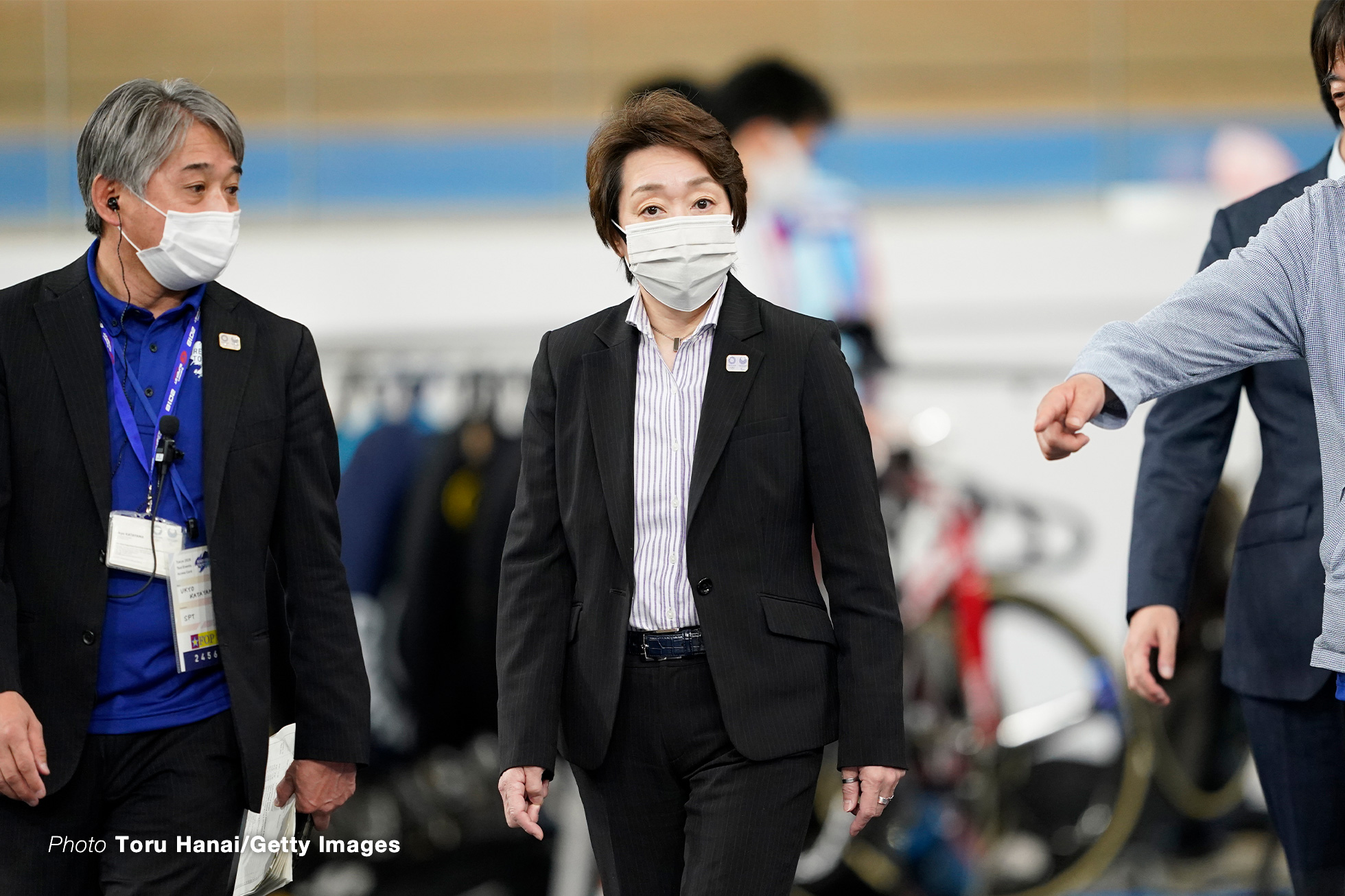 IZU, JAPAN - APRIL 25: Seiko Hashimoto, president of the Tokyo Olympic and Paralympic organizing committee, inspects the Cycling (Track) Olympic Test Event at the Izu Velodrome on April 25, 2021 in Izu, Shizuoka, Japan. (Photo by Toru Hanai/Getty Images)