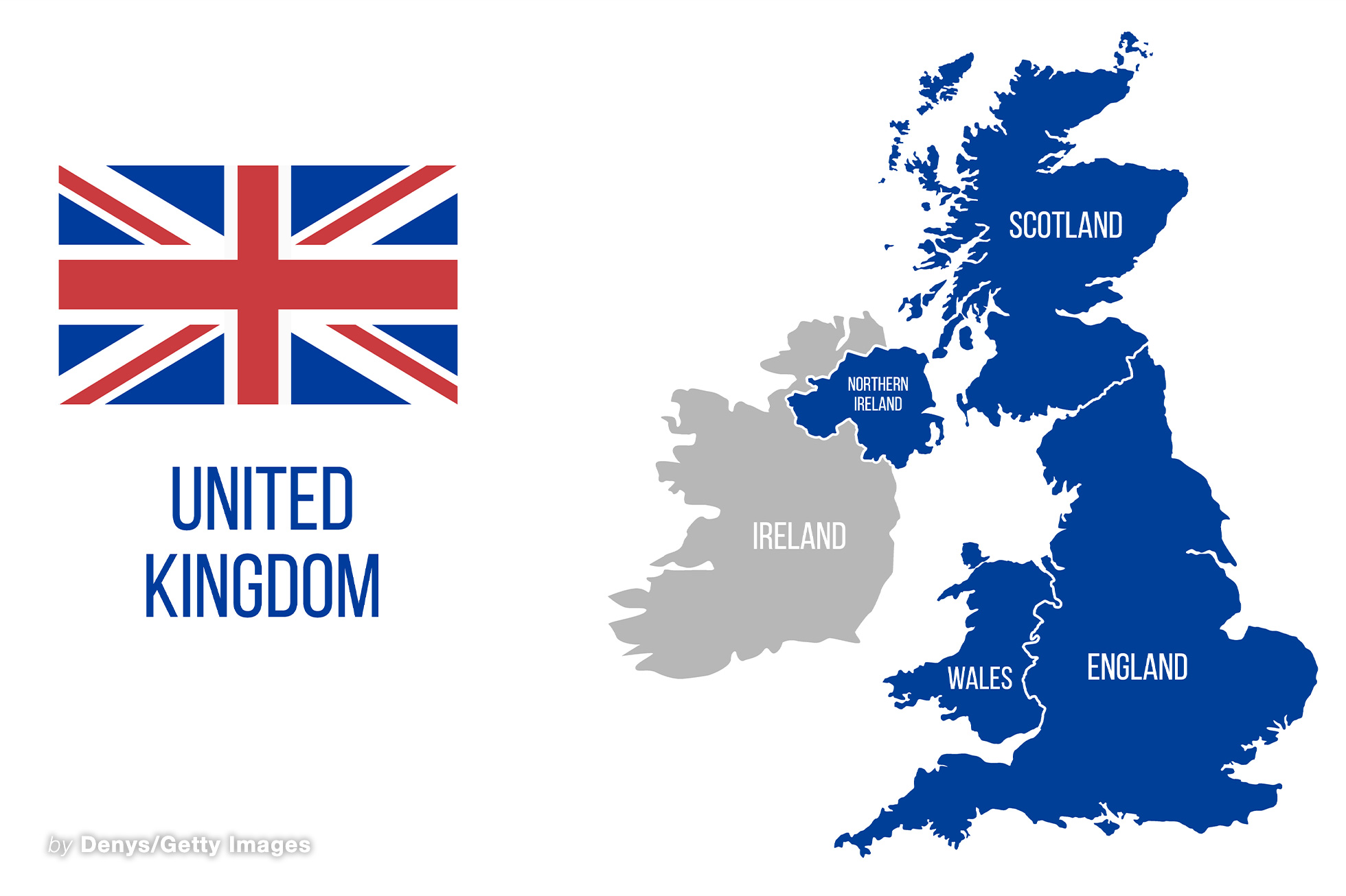 United Kingdom map. England, Scotland, Wales, Northern Ireland. Vector Great Britain map wit UK flag isolated on white background. Vector illustration