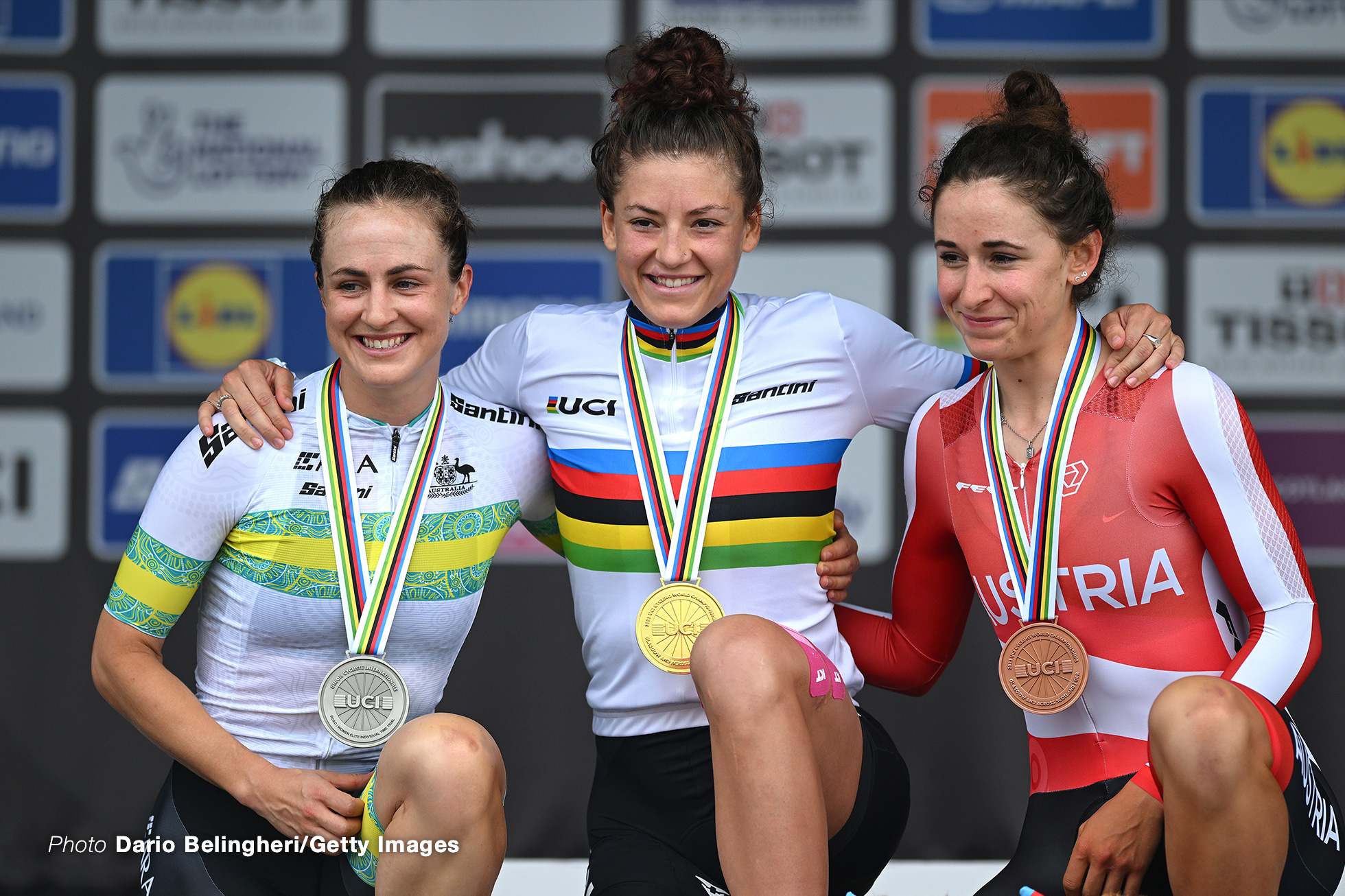 STIRLING, SCOTLAND - AUGUST 10: Silver medalist Grace Brown of Australia, gold medalist Chloe Dygert of The United States and bronze medalist Christina Schweinberger of Austria pose on the podium during the medal ceremony after the Women Elite Individual Time Trial a 36.2km race from Stirling to Stirling at the 96th UCI Cycling World Championships Glasgow 2023, Day 8 / #UCIWT / on August 10, 2023 in Stirling, Scotland. (Photo by Dario Belingheri/Getty Images)