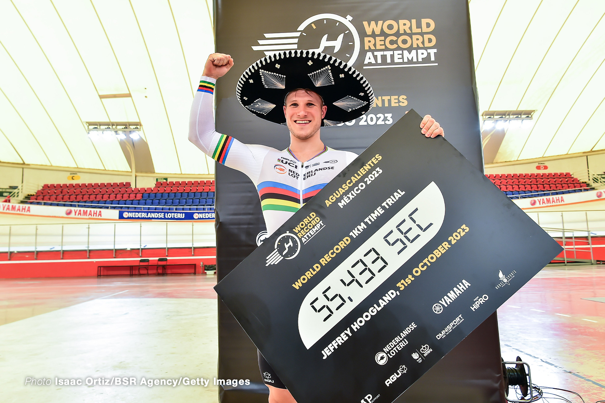 AGUASCALIENTES, MEXICO - OCTOBER 31: Jeffrey Hoogland during his world record attempt at Velodromo Bicentenario on October 31, 2023 in Aguascalientes, Mexico. (Photo by Isaac Ortiz/BSR Agency/Getty Images)