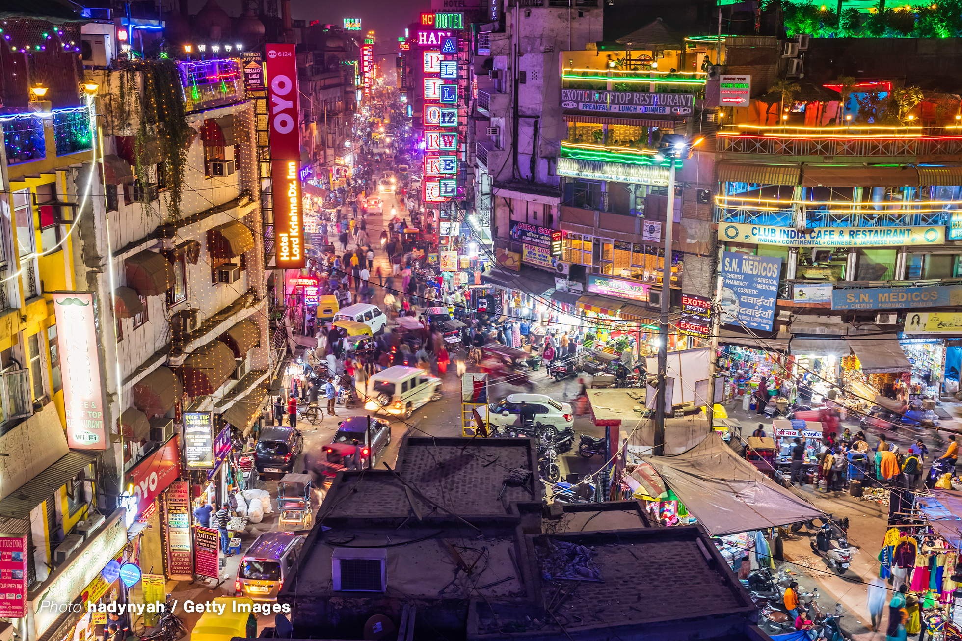 Main Bazar by night, Paharganj known for its concentration of hotels, lodges, restaurants, dhabas and a wide variety of shops catering to both domestic travellers and foreign tourists, especially backpackers and low-budget travellers.