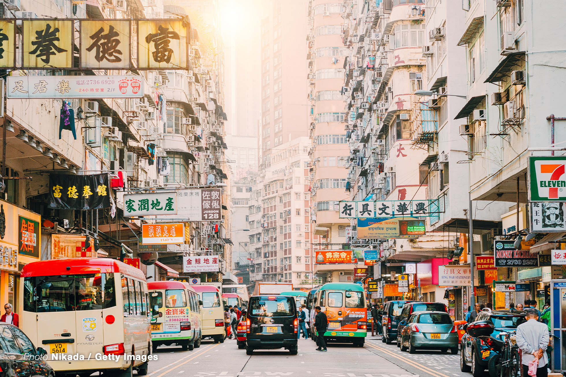 Hong Kong Street Scene, Mongkok District with busses