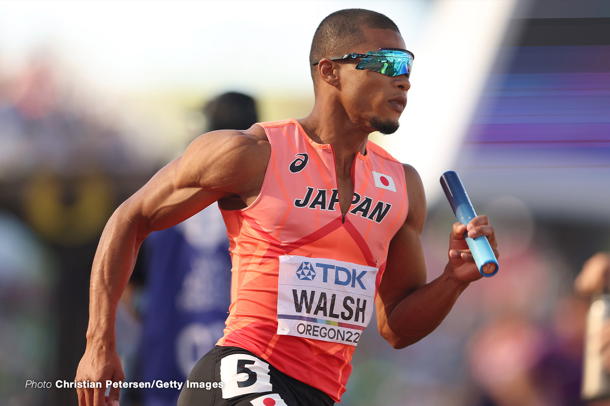 EUGENE, OREGON - JULY 23: Julian Jrummi Walsh of Team Japan competes in the Men's 4x400m Relay heats on day nine of the World Athletics Championships Oregon22 at Hayward Field on July 23, 2022 in Eugene, Oregon. (Photo by Christian Petersen/Getty Images)