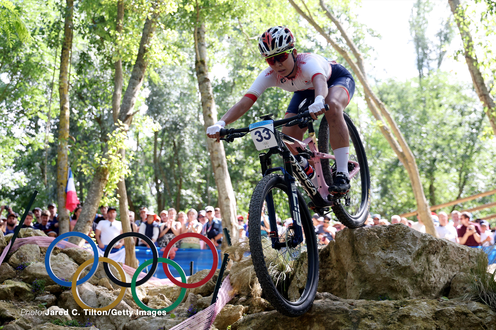 ELANCOURT, FRANCE - JULY 28: Urara Kawaguchi of Team Japan competes during the Women’s Cross-Country Cycling Mountain Bike Gold Medal race on day two of the Olympic Games Paris 2024 at Elancourt Hill on July 28, 2024 in Elancourt, France. (Photo by Jared C. Tilton/Getty Images)