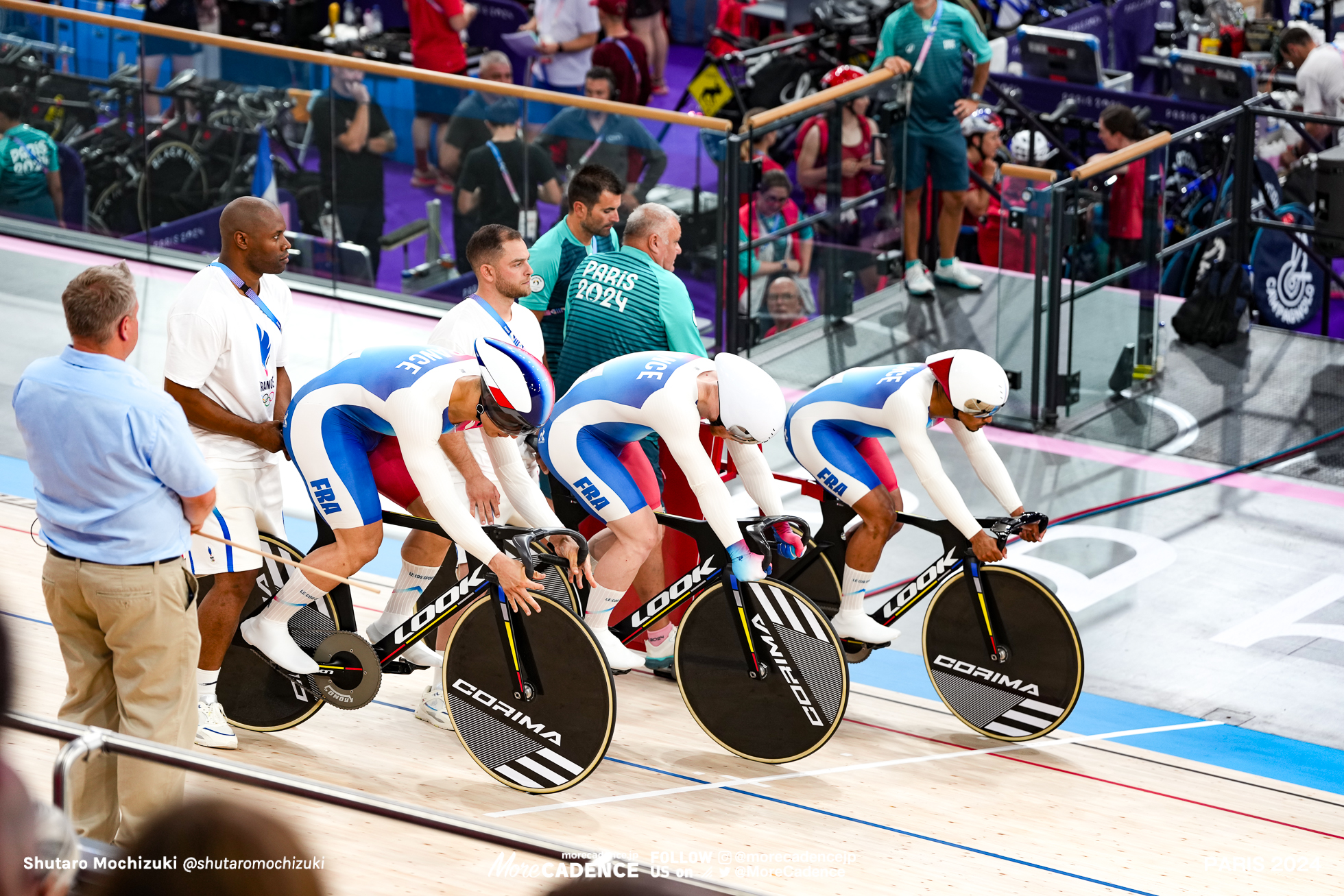 ライアン・エラル HELAL Rayan, セバスチャン・ビジエ VIGIER Sebastien, フロリアン・グレンボ GRENGBO Florian, France, mens team sprint, Olympic Games Paris 2024, Saint-Quentin-en-Yvelines Velodrome, August 06, 2024 in Paris, Francec