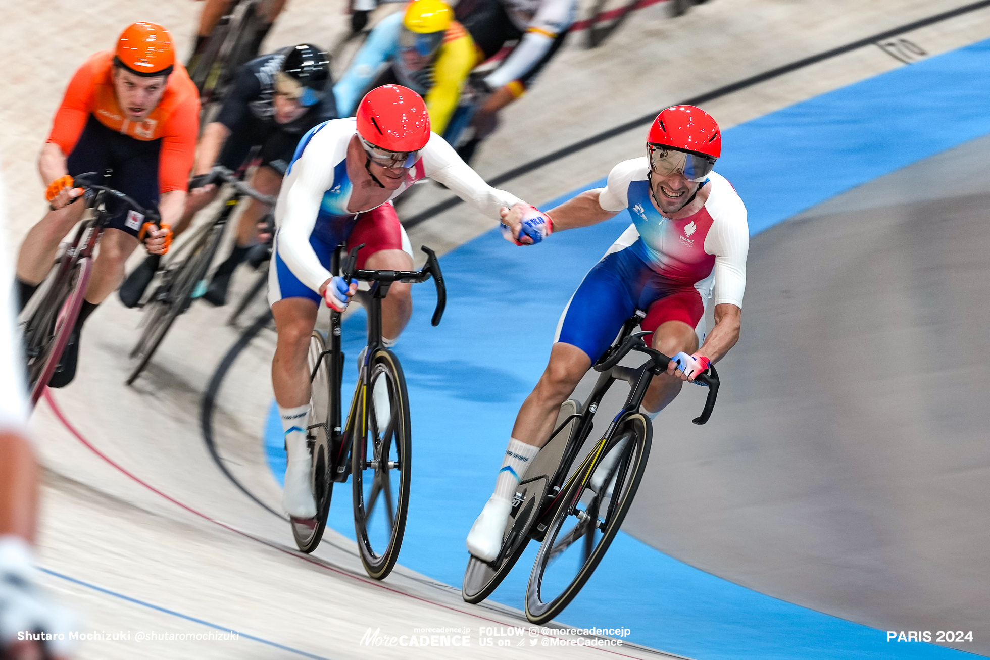 ベンジャミン・トマ THOMAS Benjamin, トマ・ブダ BOUDAT Thomas, FRA, mens madison, Olympic Games Paris 2024, Saint-Quentin-en-Yvelines Velodrome, August 10, 2024 in Paris, France