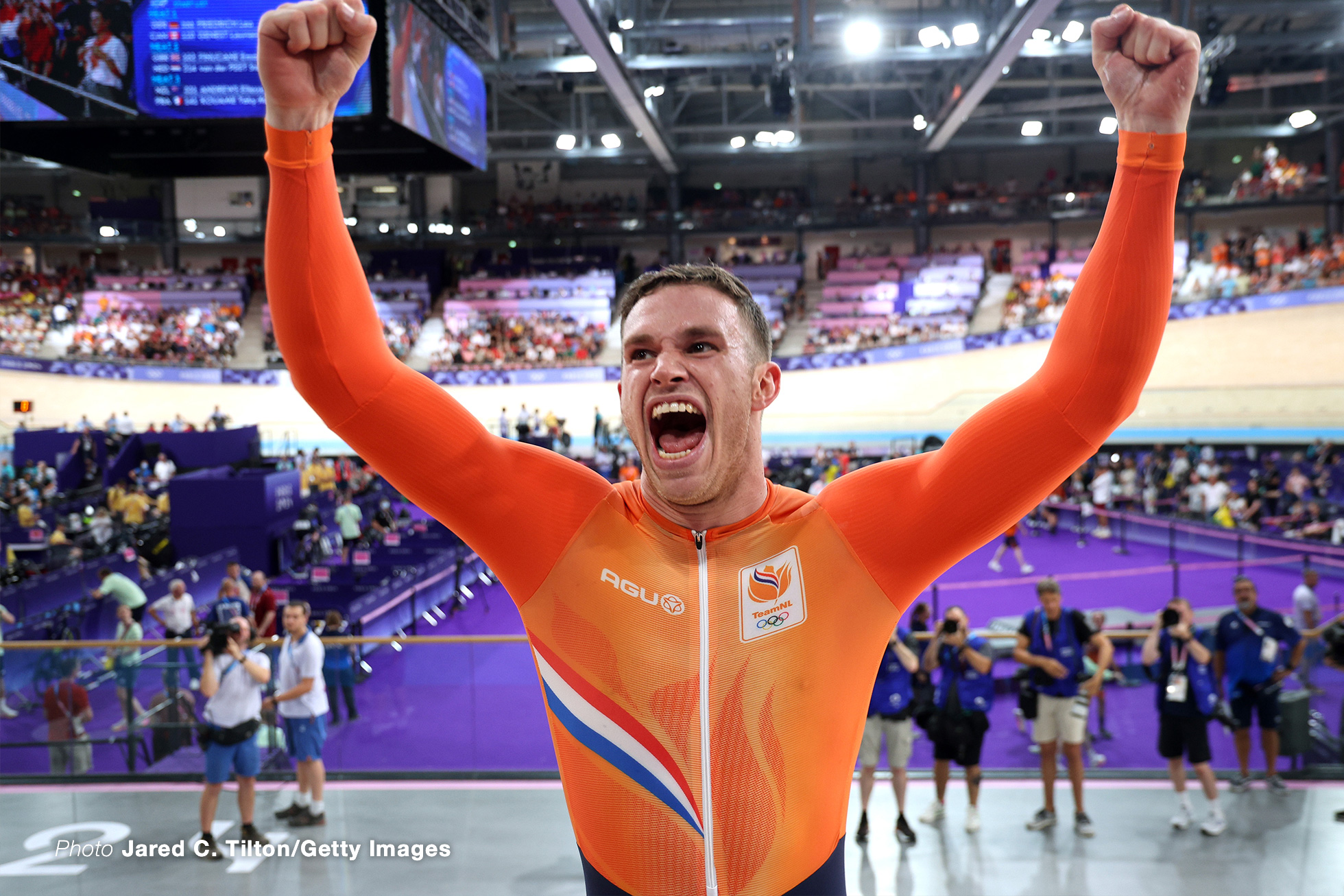 PARIS, FRANCE - AUGUST 09: Gold medalist Harrie Lavreysen of Team Netherlands celebrates after the Men's Sprint, Finals on day fourteen of the Olympic Games Paris 2024 at Saint-Quentin-en-Yvelines Velodrome on August 09, 2024 in Paris, France. (Photo by Jared C. Tilton/Getty Images)