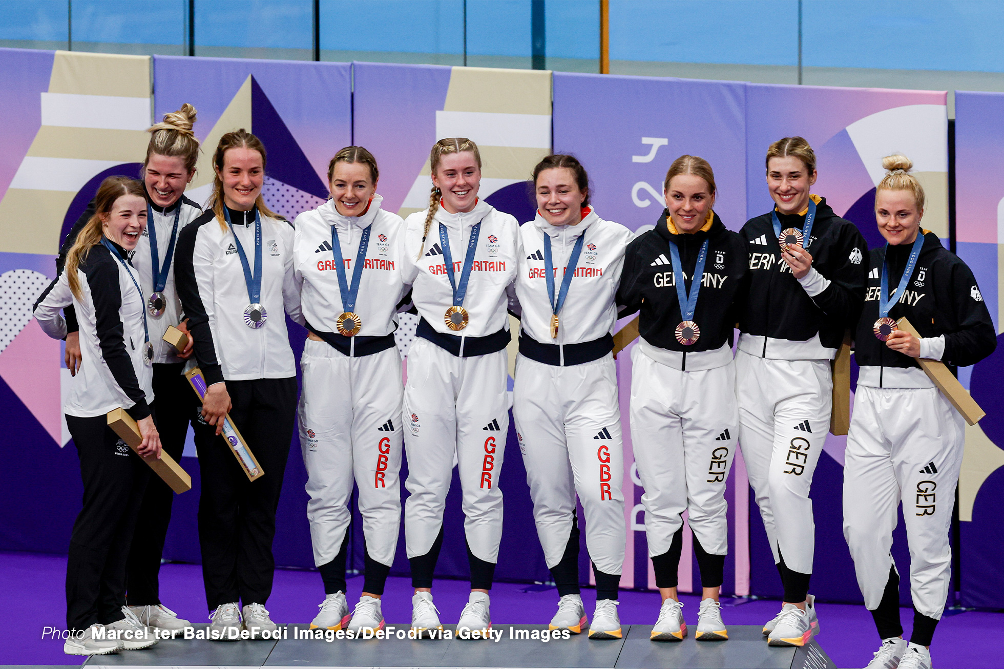 Winner Gold Medal Katy Marchant of Great Britain and Sophie Capewell of Great Britain and Emma Finucane of Great Britain and Second Silver Medal Rebecca Petch of New Zealand and Shaane Fulton of New Zealand and Ellesse Andrews of New Zealand and Third Bronze medal Pauline Grabosch of Germany and Emma Hinze of Germany and Lea Friedrich of Germany during the Cycling Track Women's Team Sprint Finals on Day 10 of the Olympic Games Paris 2024 at National Velodrome on August 5, 2024 in Saint-Quentin-en-Yvelines, France. (Photo by Marcel ter Bals/DeFodi Images/DeFodi via Getty Images)