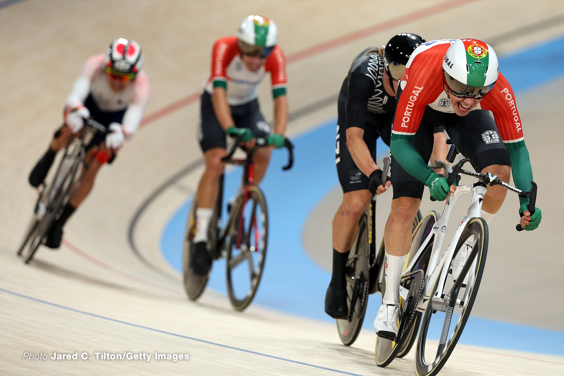 PARIS, FRANCE - AUGUST 10: Gold medalist Iuri Leitao of Team Portugal celebrates after the Men's Madison Final on day fifteen of the Olympic Games Paris 2024 at Saint-Quentin-en-Yvelines Velodrome on August 10, 2024 in Paris, France. (Photo by Jared C. Tilton/Getty Images)