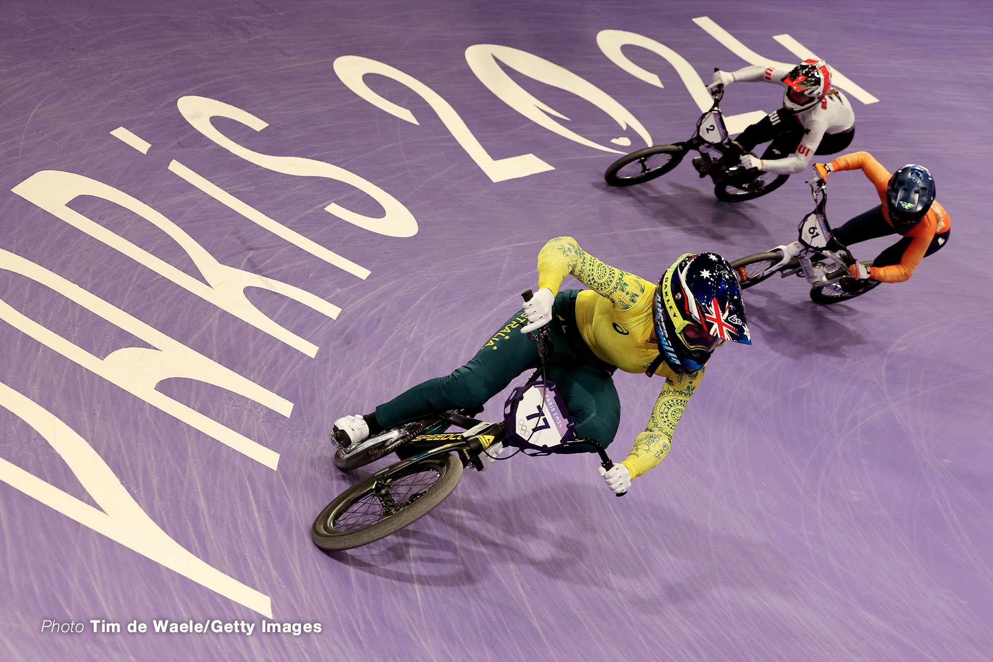 PARIS, FRANCE - AUGUST 02: Saya Sakakibara of Team Australia, Zoe Claessens of Team Switzerland and Manon Veenstra of Team Netherlands compete during the Women's Final on day seven of the Olympic Games Paris 2024 at Saint-Quentin-en-Yvelines BMX Stadium on August 02, 2024 in Paris, France. (Photo by Tim de Waele/Getty Images)