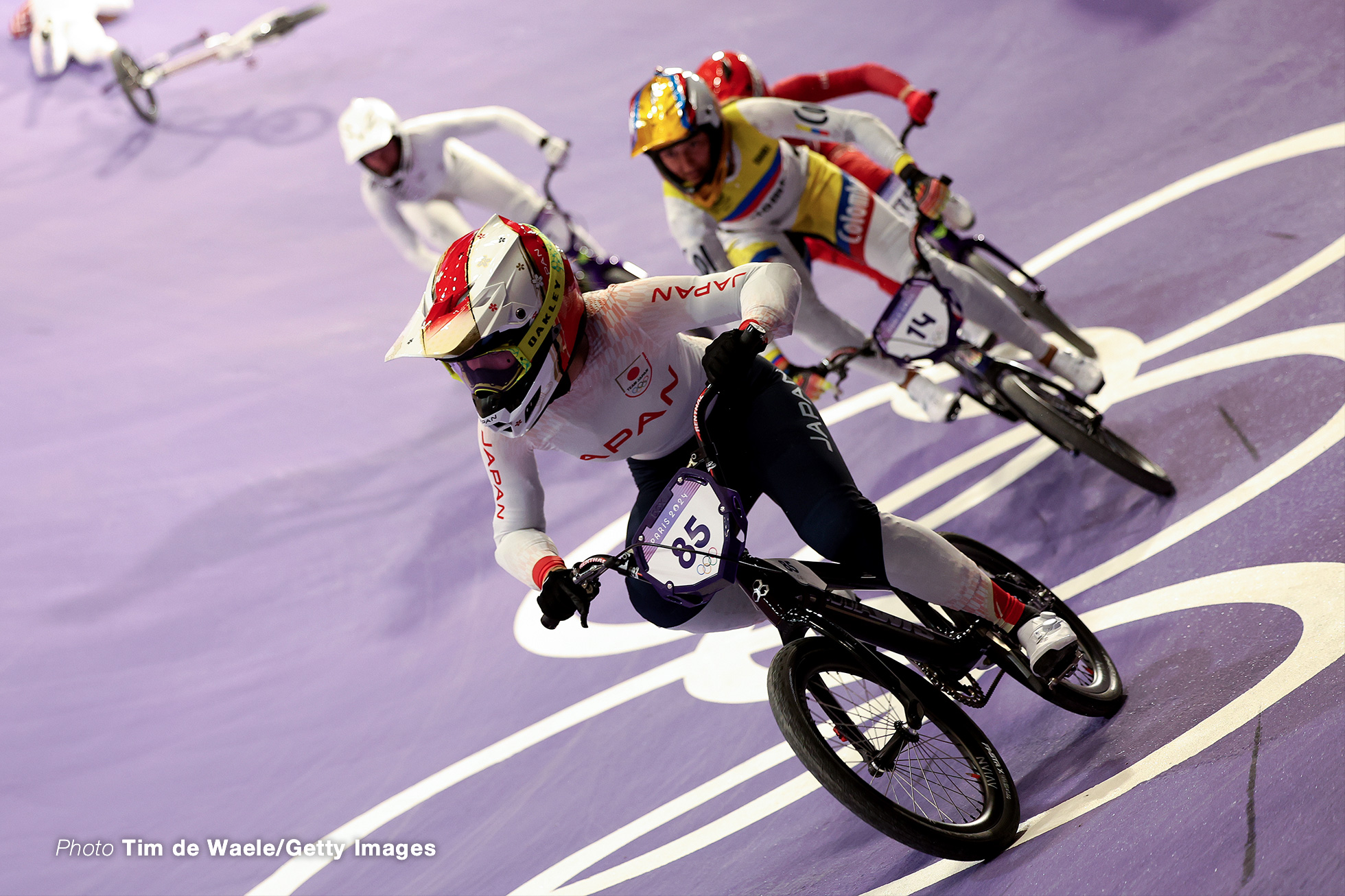 PARIS, FRANCE - AUGUST 01: Sae Hatakeyama of Team Japan and Gabriela Bolle Carrillo of Team Colombia compete during the Women's Last Chance Race on day six of the Olympic Games Paris 2024 at Saint-Quentin-en-Yvelines BMX Stadium on August 01, 2024 in Paris, France. (Photo by Tim de Waele/Getty Images)