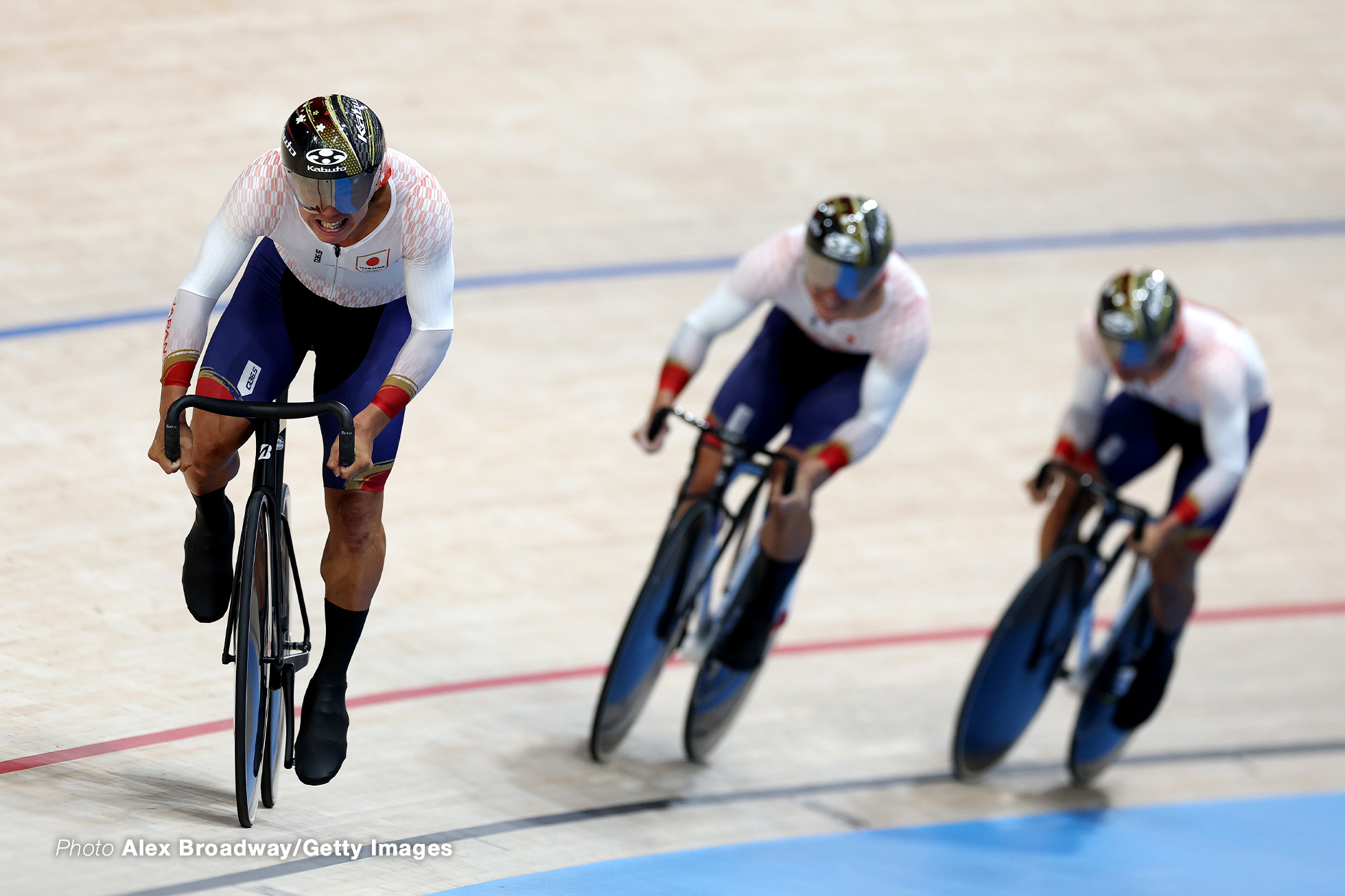 PARIS, FRANCE - AUGUST 05: Yoshitaku Nagasako of Team Japan competes during the Men's Team Sprint Qualifiers on day ten of the Olympic Games Paris 2024 at Saint-Quentin-en-Yvelines Velodrome on August 05, 2024 in Paris, France. (Photo by Alex Broadway/Getty Images)