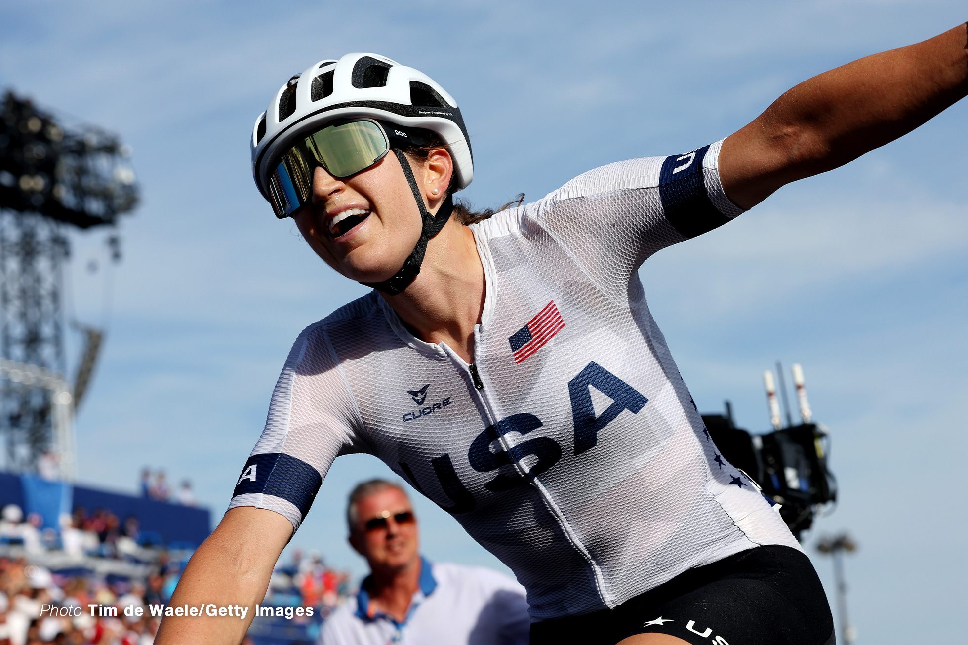 PARIS, FRANCE - AUGUST 04: Kristen Faulkner of Team United States celebrates at finish line as Gold medal winner during the Women's Road Race on day nine of the Olympic Games Paris 2024 at Trocadero on August 04, 2024 in Paris, France. (Photo by Tim de Waele/Getty Images)