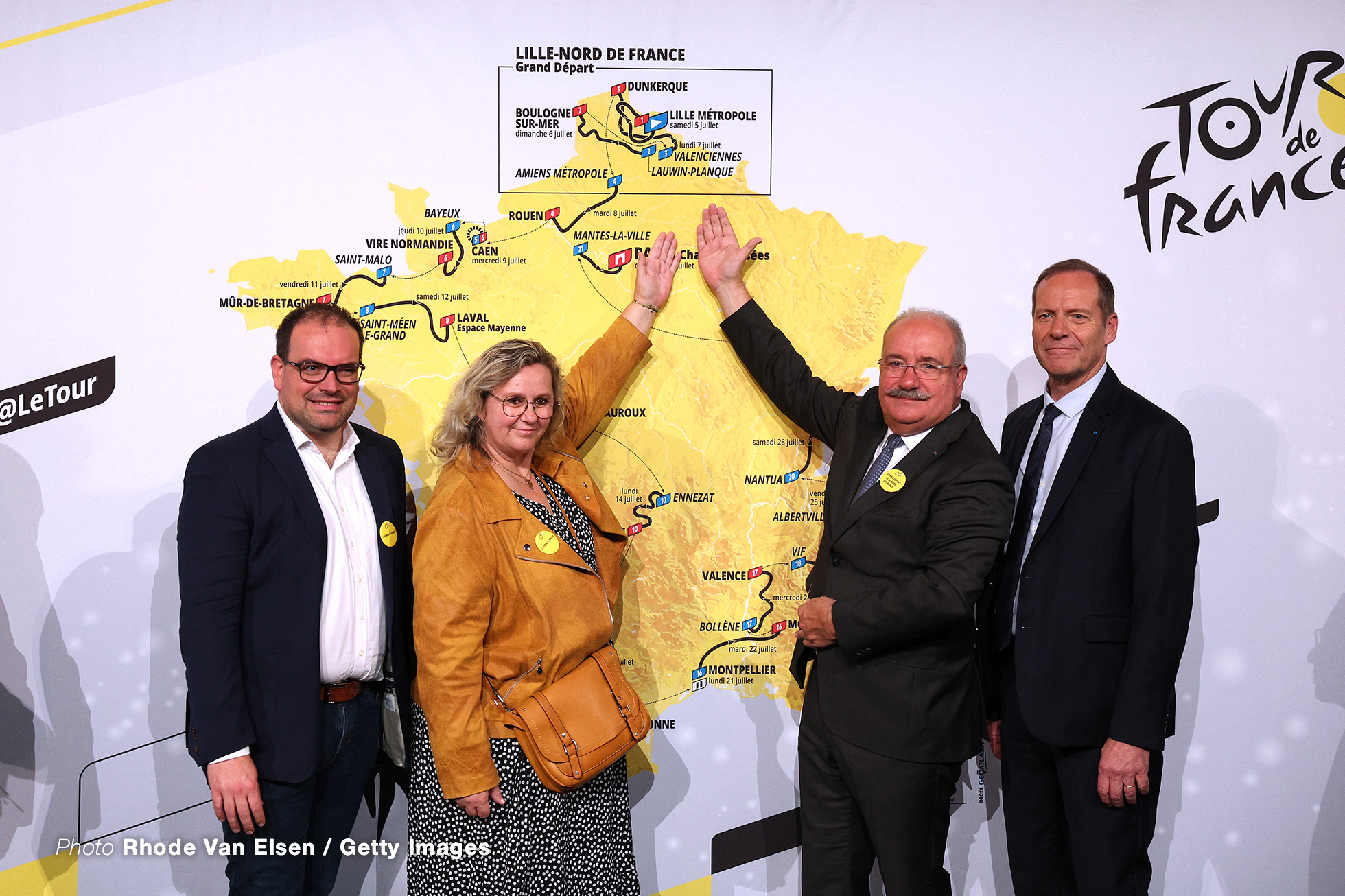 PARIS, FRANCE - OCTOBER 29: Authorities of Lille-Nord where will be the TDF Grand Depart 2025 and Christian Prudhomme of France Director of Le Tour de France (R) during the 112th Tour de France 2025 & 4th Tour de France Femmes 2025 - Route Presentation / #UCIWT / #UCIWWT / on October 29, 2024 in Paris, France. (Photo by Rhode Van Elsen/Getty Images)