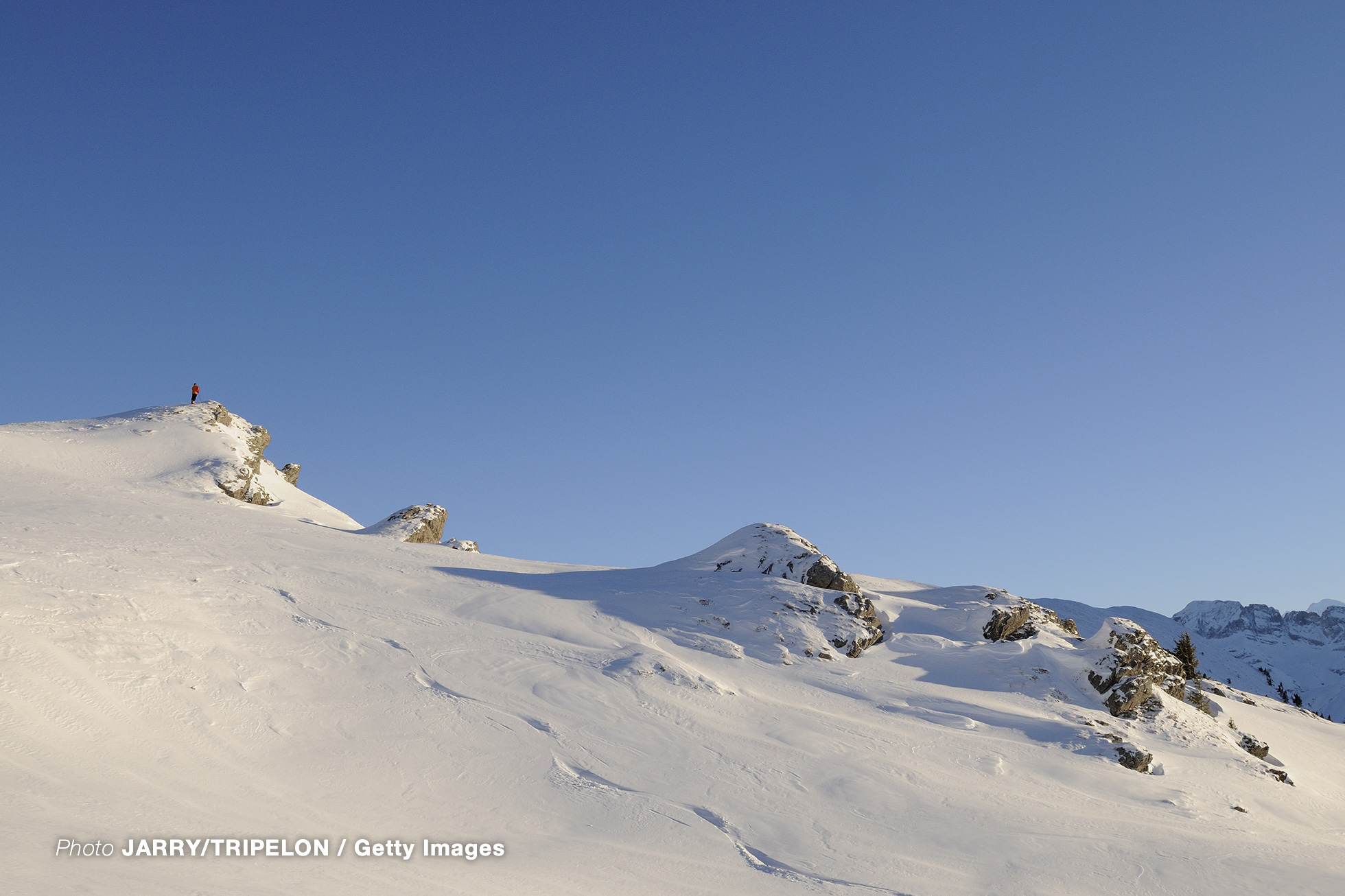 Ski traces. Chatel ski resort in Portes du Soleil skiing area. Chablais in Alpes mountains area, Haute-Savoie department, Rhone Alpes region, France. (Photo by JARRY TRIPELON/Gamma-Rapho via Getty Images)