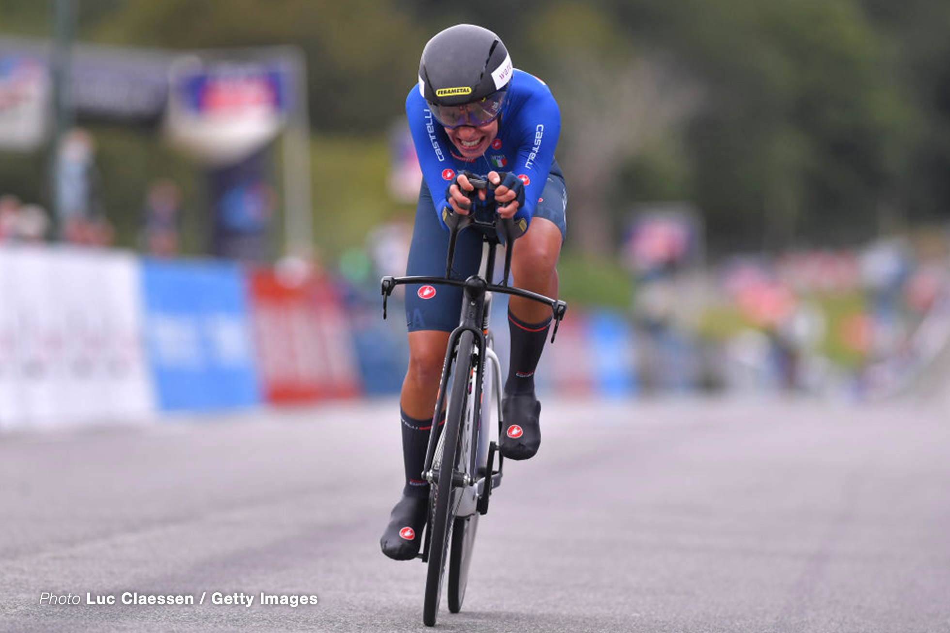 PLOUAY, FRANCE - AUGUST 24: Arrival / Vittoria Bussi of Italy / during the 26th UEC Road European Championships 2020 - Women's Elite Individual Time Trial a 25,6km race from Plouay to Plouay / ITT / @UEC_cycling / #EuroRoad20 / on August 24, 2020 in Plouay, France. (Photo by Luc Claessen/Getty Images)