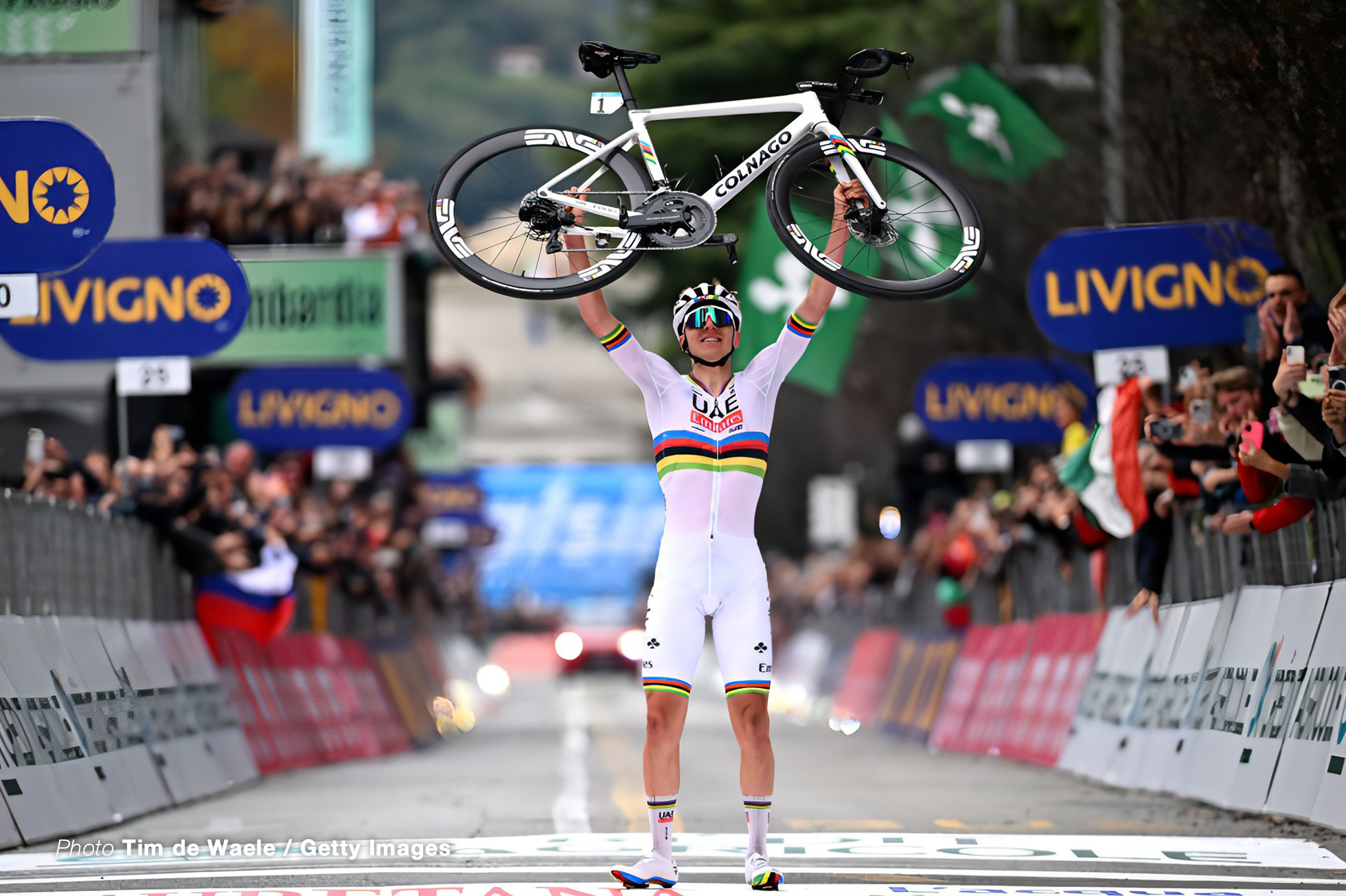 COMO, ITALY - OCTOBER 12: Tadej Pogacar of Slovenia and UAE Team Emirates celebrates at finish line as race winner during the 118th Il Lombardia 2024 a 255km one day race from Bergamo to Como / #UCIWT / on October 12, 2024 in Como, Italy. (Photo by Tim de Waele/Getty Images)