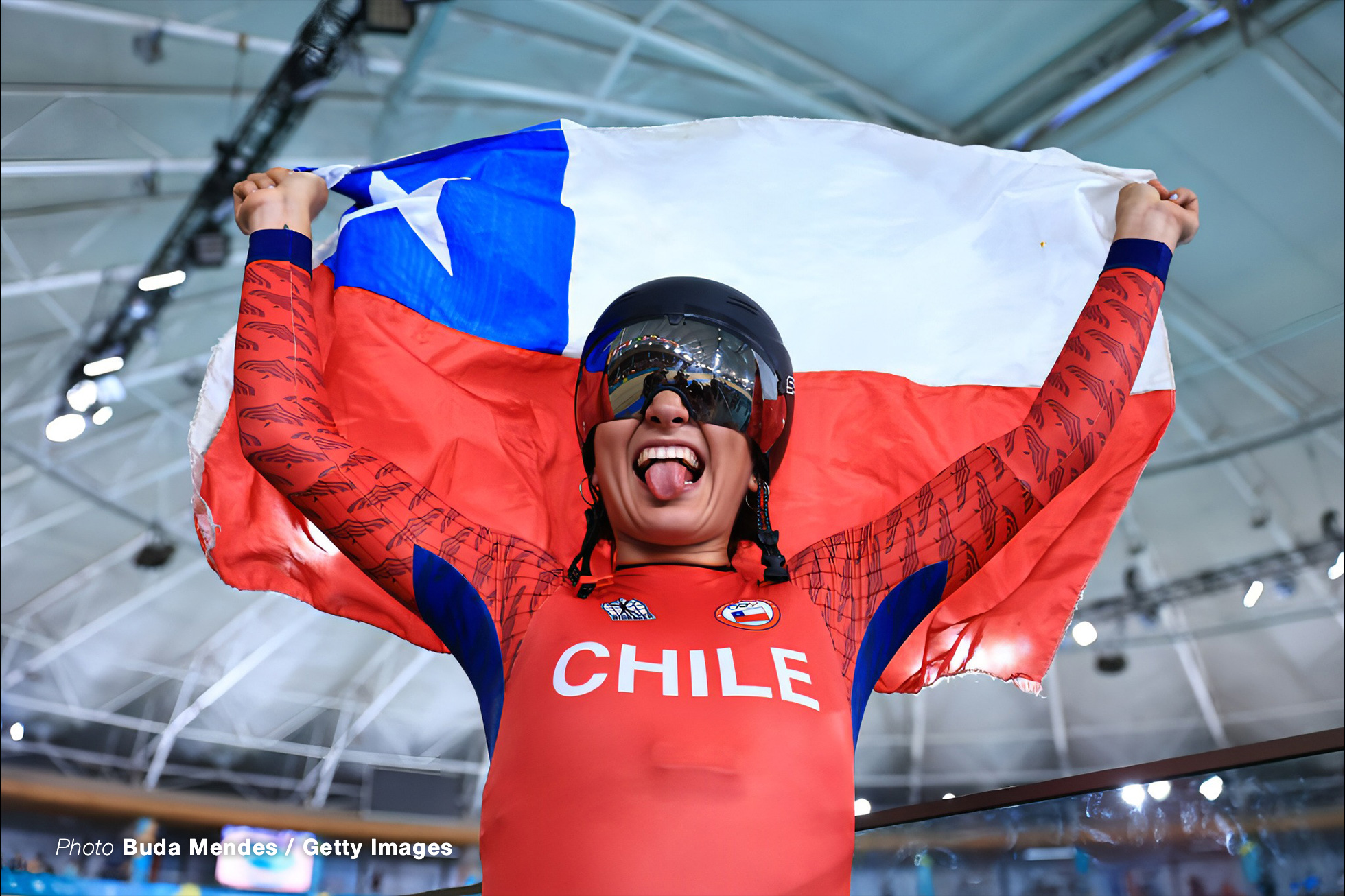SANTIAGO, CHILE - OCTOBER 26: Catalina Soto of Team Chile celebrates bronze medal on Track Cycling - Women's Omnium Points race at Parque Peñalolen on day 6 of Santiago 2023 Pan Am Games on October 26, 2023 in Santiago, Chile. (Photo by Buda Mendes/Getty Images)
