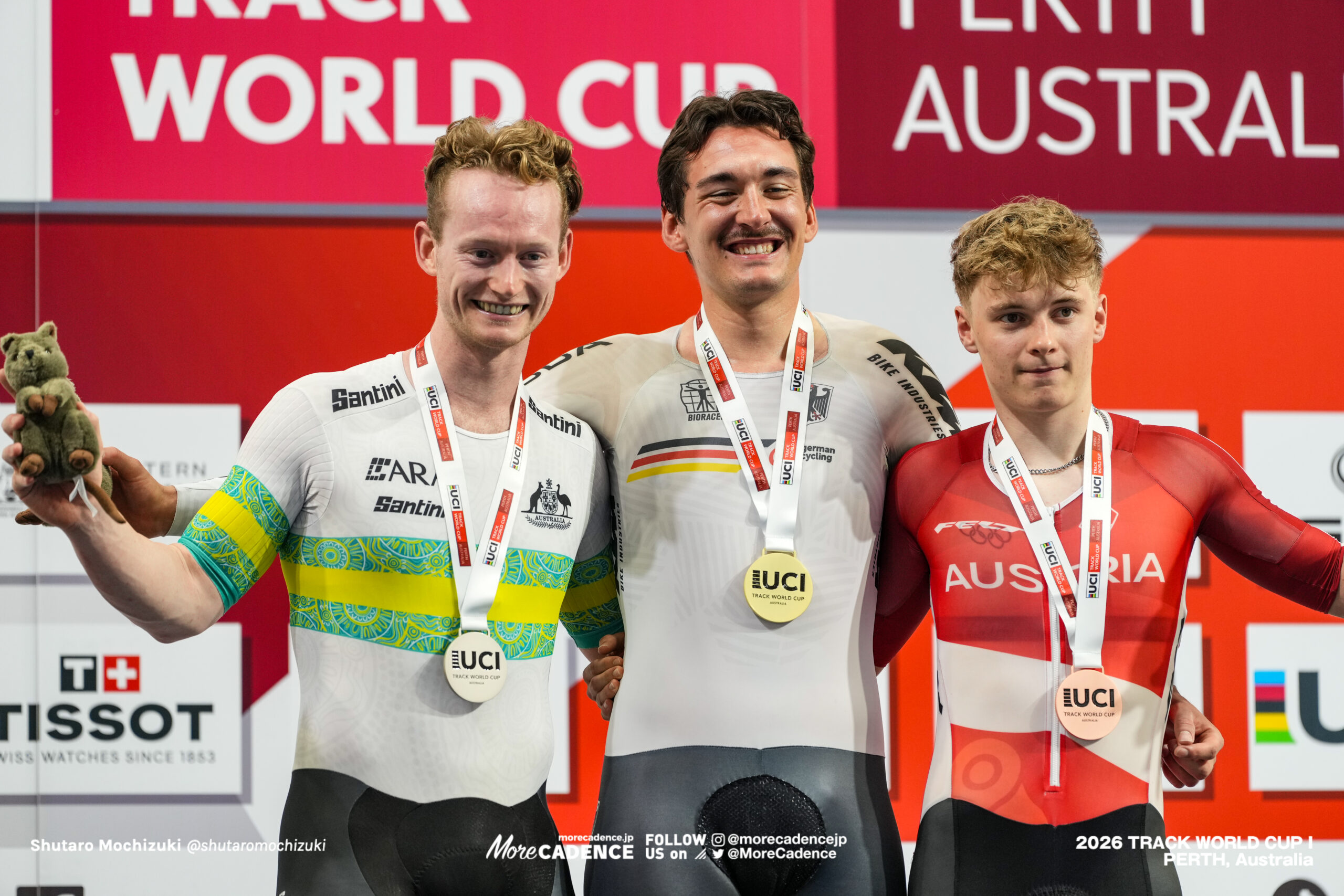 モリッツ・オーガンスティーン, AUGENSTEIN Moritz, GER, トーマス・コーニッシュ, CORNISH Thomas, AUS, ラファエル・コカス, KOKAS Raphael, AUT, 男子エリミネーション, 表彰, MEN Elite Elimination, Podium, 2026ワールドカップ第1戦, オーストラリア, パース, 2026 UCI Track World Cup, Round 1, Perth, Australia