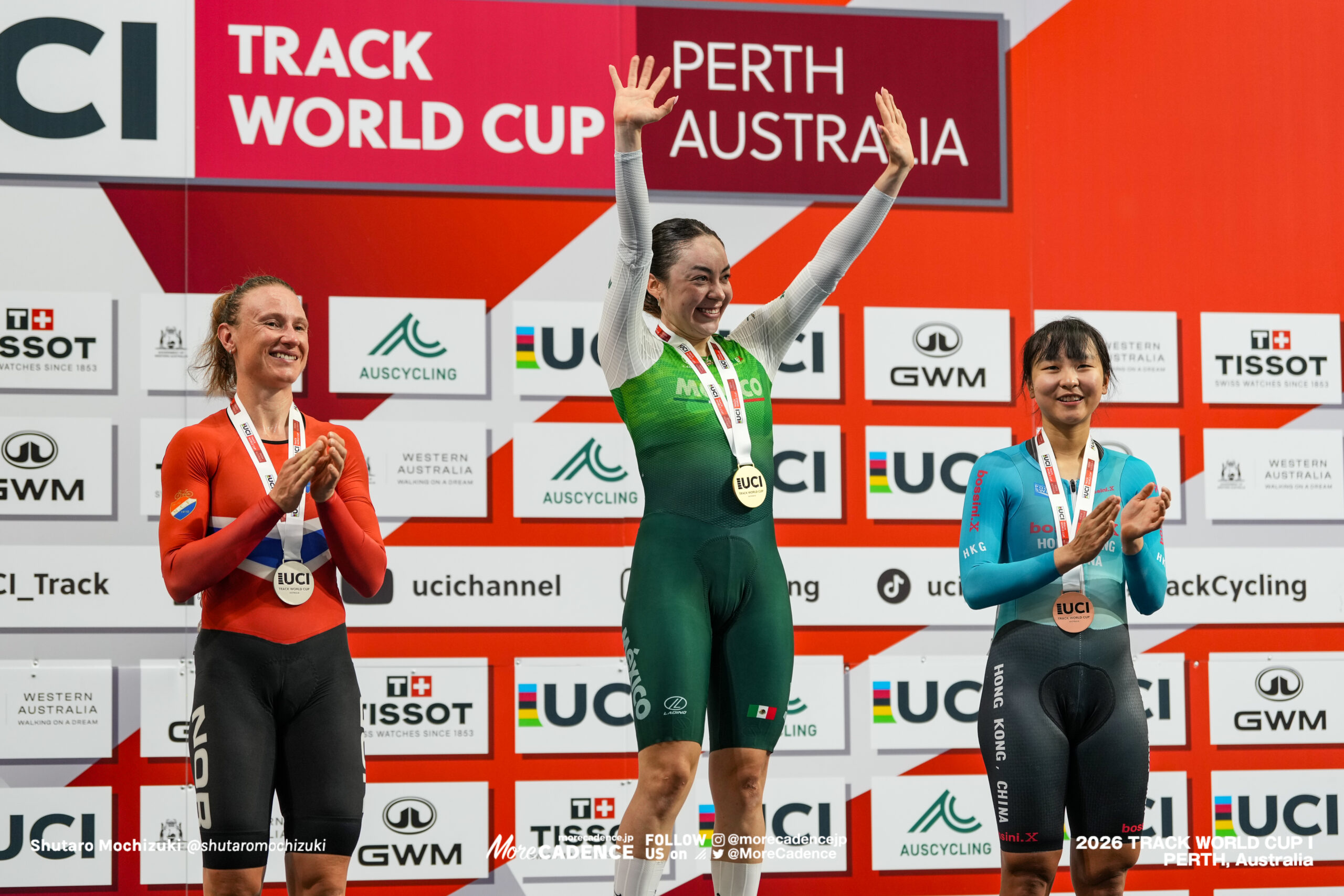 ヤレリ・アセヴェド メンドーサ, ACEVEDO MENDOZA Yareli, MEX, アニータ イボンヌ・ステンバーグ, STENBERG Anita Yvonne, NOR, 李思穎 リー・ジーウィン, LEE Sze Wing, HKG, 女子エリミネーション, 表彰, WOMEN Elite Elimination, Podium, 2026ワールドカップ第1戦, オーストラリア, パース, 2026 UCI Track World Cup, Round 1, Perth, Australia