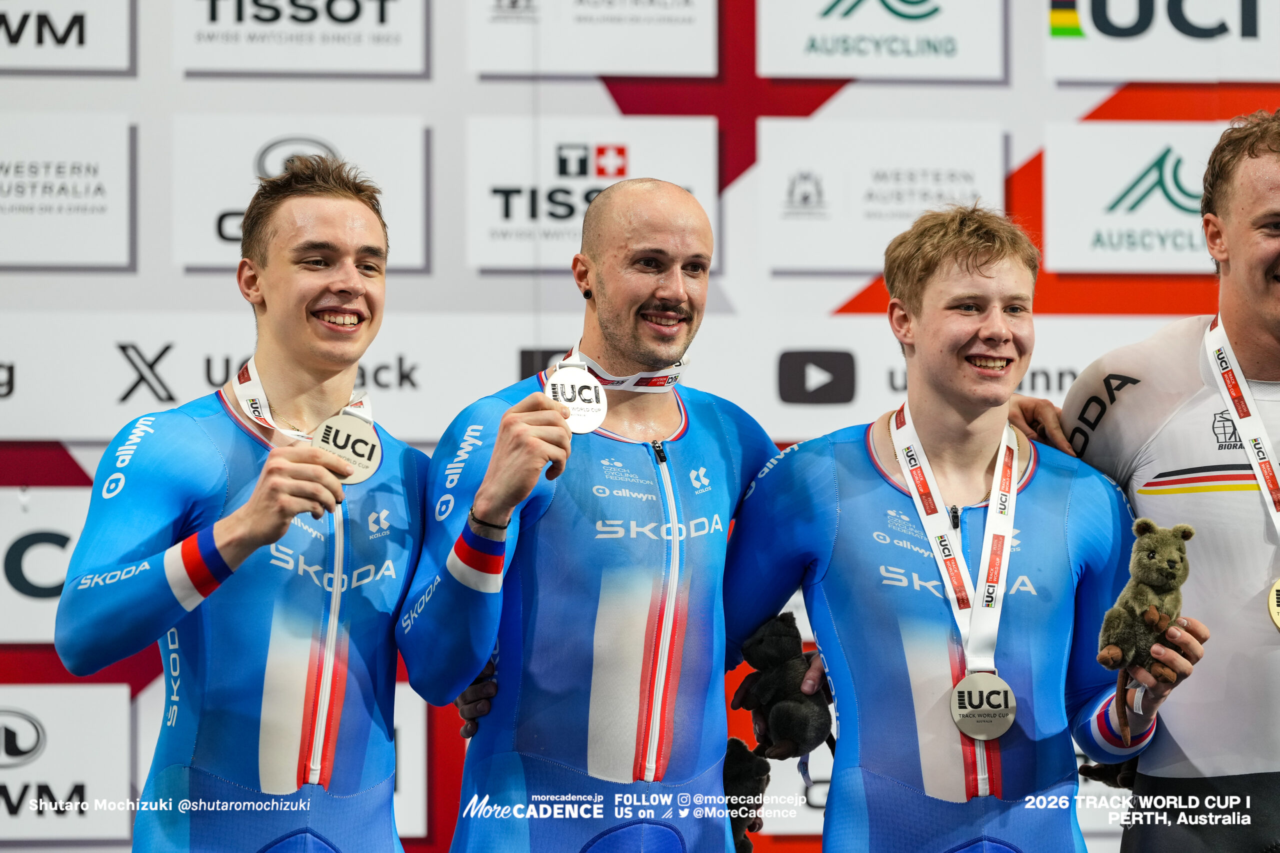 PETERKA David, ダビッド・ペテルカ, CZE, RAUSCHGOLD Adam, アダム・ラウシュゴルト, CZE, TOPINKA Dominik, ドミニク・トピンカ, CZE, 男子チームスプリント, 表彰, MEN Elite Team Sprint, Podium, 2026ワールドカップ第1戦, オーストラリア, パース, 2026 UCI Track World Cup, Round 1, Perth, Australia