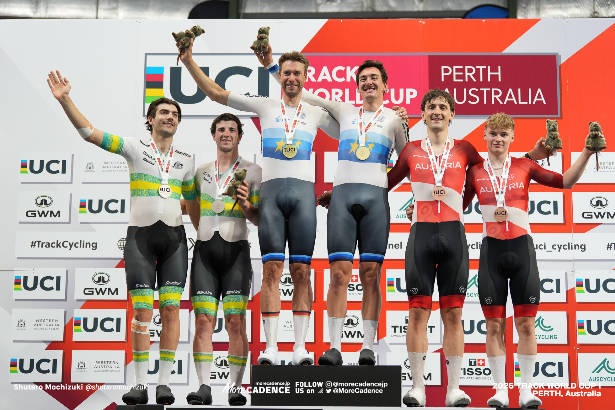 ロジャー・クルーゲ, KLUGE Roger, GER, モリッツ・オーガンスティーン, AUGENSTEIN Moritz, GER, コーナー・リーヒー, LEAHY Conor, AUS, リアム・ウォルシュ, WALSH Liam, AUS, , WALSH Liam, AUS, マキシミリアン・シュミッドバウアー, SCHMIDBAUER Maximilian, AUT, ラファエル・コカス, KOKAS Raphael, AUT, 男子マディソン, 表彰, MEN Elite Madison, Podium, 2026ワールドカップ第1戦, オーストラリア, パース, 2026 UCI Track World Cup, Round 1, Perth, Australia