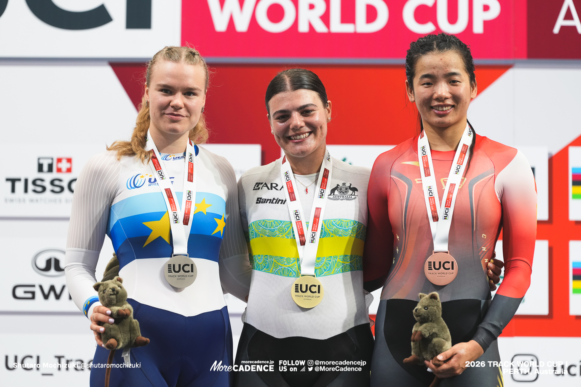 アレシア・マケイグ, McCAIG Alessia, AUS, アリナ・リシェンコ, LYSENKO Alina, AIN, 苑丽颖 ユアン・リイン, YUAN Liying, CHN, 女子ケイリン, 表彰, WOMEN Elite Keirin, Podium, 2026ワールドカップ第1戦, オーストラリア, パース, 2026 UCI Track World Cup, Round 1, Perth, Australia