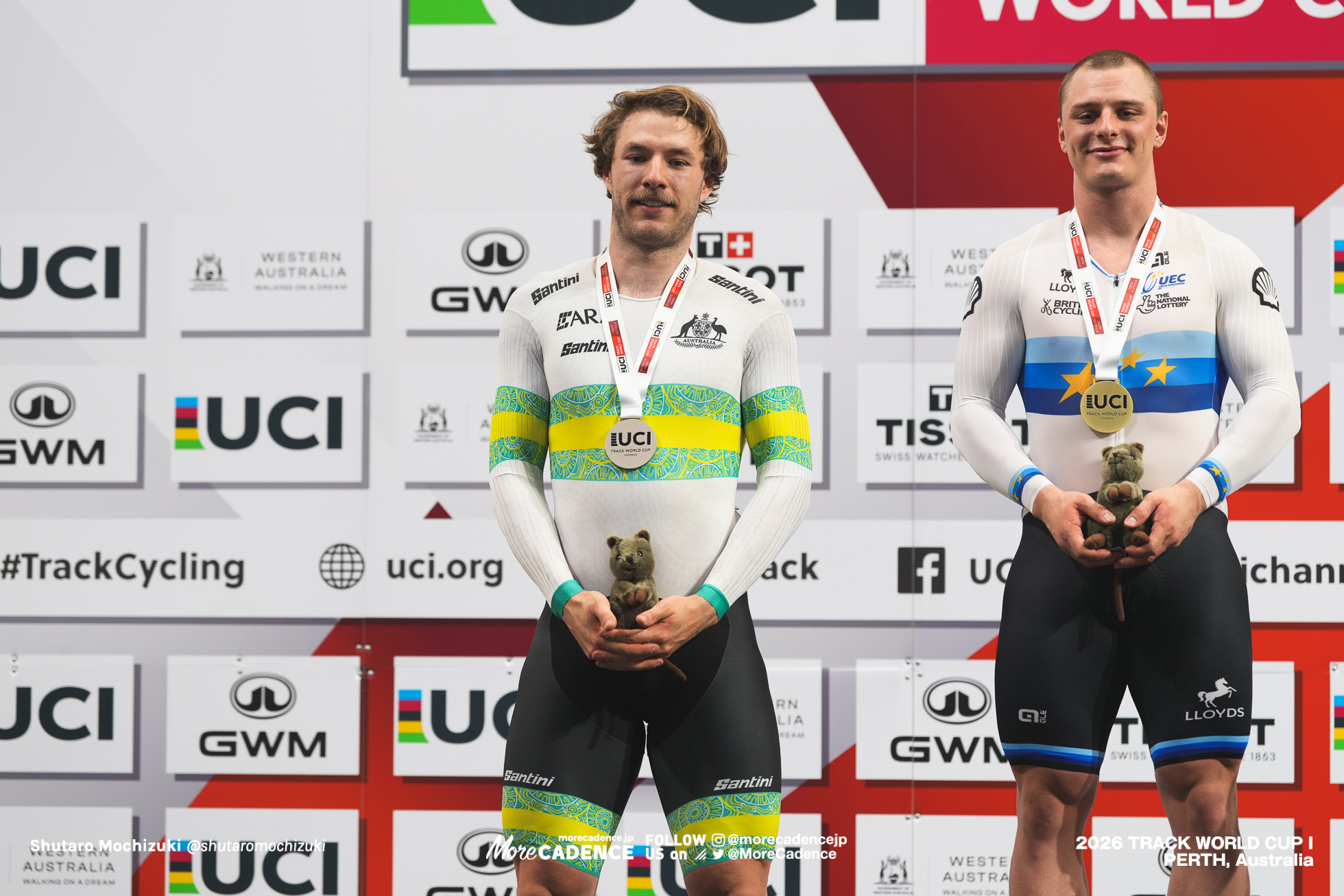 マシュー・リチャードソン, RICHARDSON Matthew, GBR, レイ・ホフマン, HOFFMAN Leigh, AUS, 男子スプリント, 表彰, MEN Elite Sprint, Podium, 2026ワールドカップ第1戦, オーストラリア, パース, 2026 UCI Track World Cup, Round 1, Perth, Australia