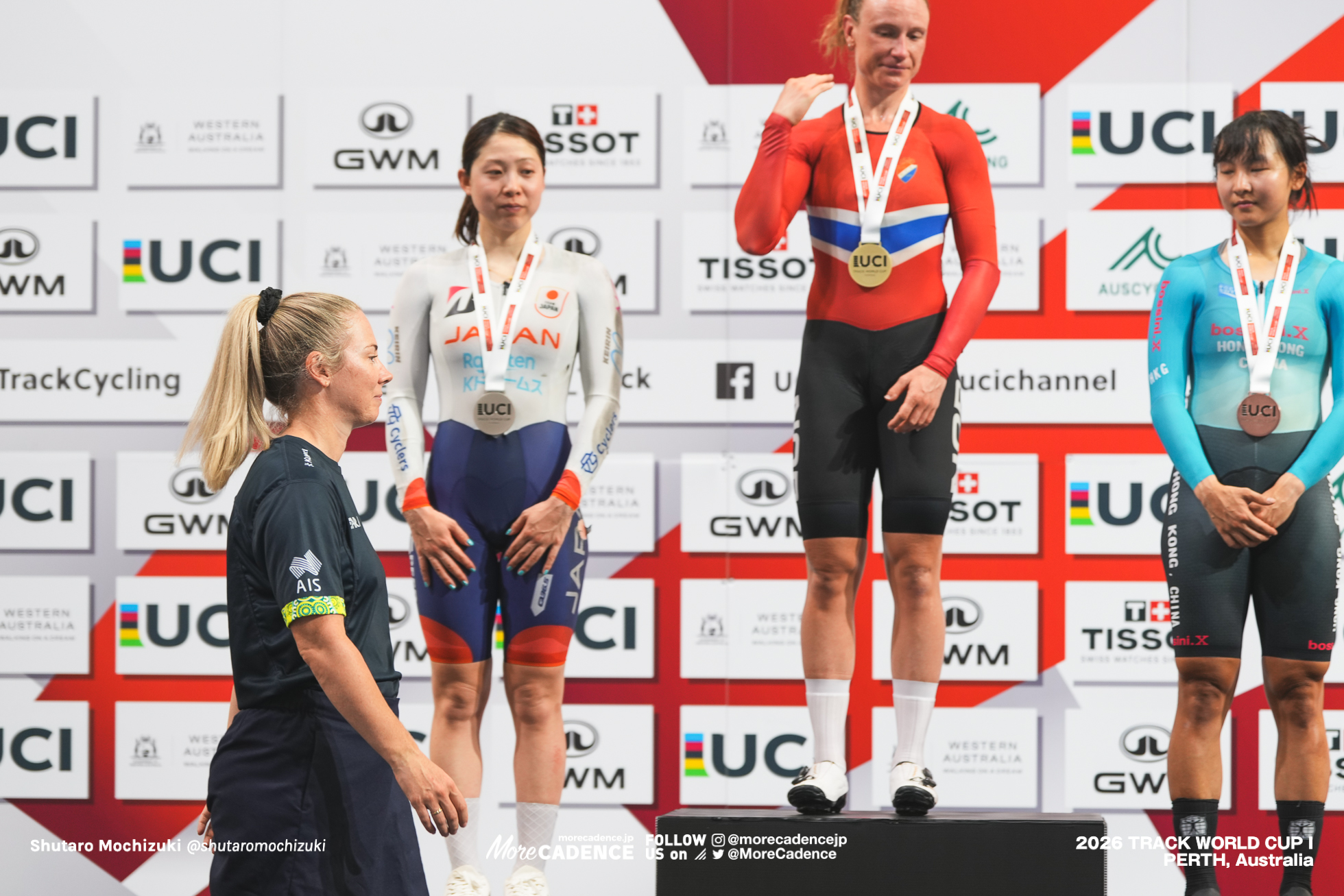 アニータ イボンヌ・ステンバーグ, STENBERG Anita Yvonne, NOR, 内野艶和, UCHINO Tsuyaka, JPN, 李思穎 リー・ジーウィン, LEE Sze Wing, HKG, 女子オムニアム, 表彰, WOMEN Elite Omnium, Podium, 2026ワールドカップ第1戦, オーストラリア, パース, 2026 UCI Track World Cup, Round 1, Perth, Australia