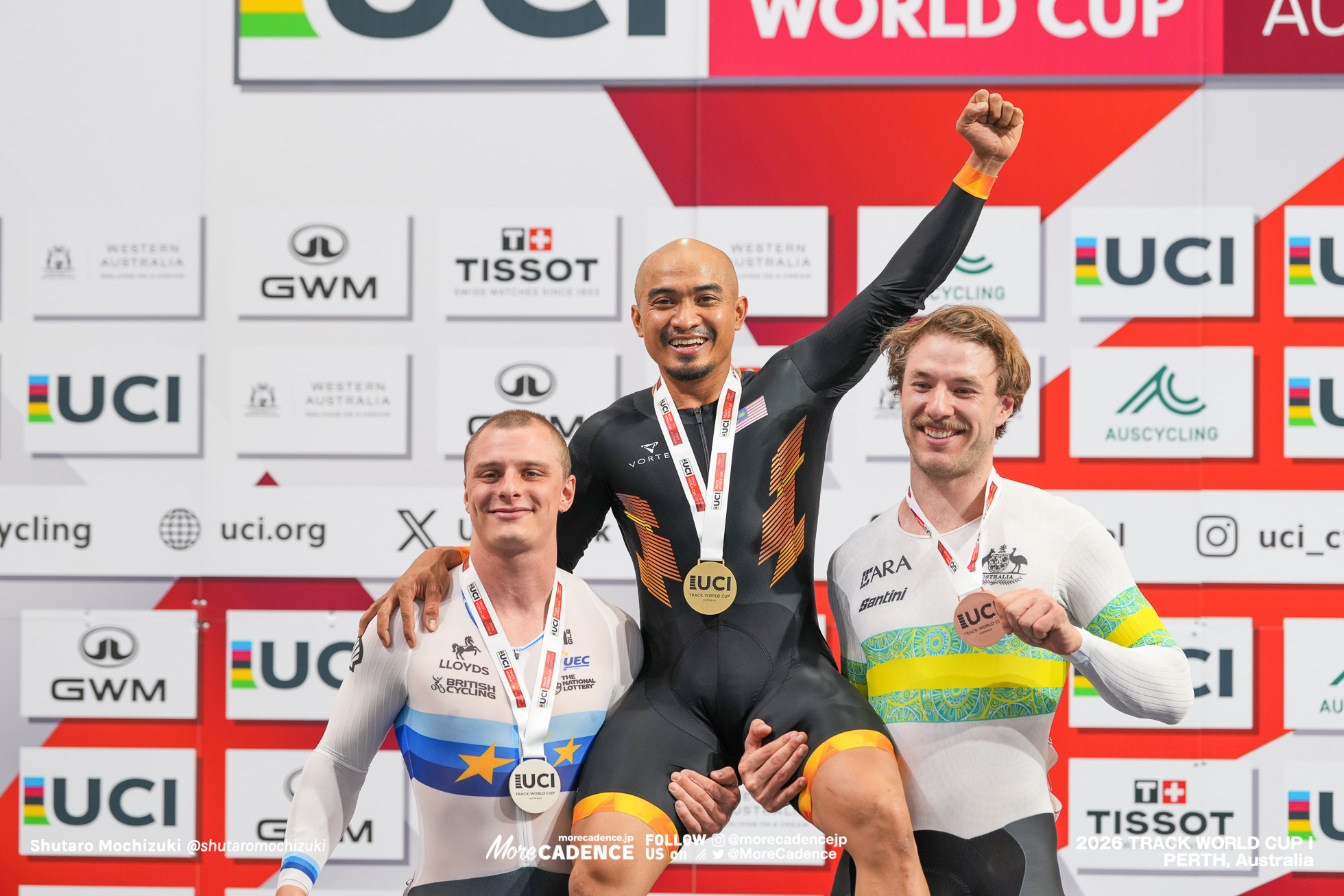 アジズルハスニ・アワン, AWANG Mohd Azizulhasni, MAS, マシュー・リチャードソン, RICHARDSON Matthew, GBR, レイ・ホフマン, HOFFMAN Leigh, AUS, 男子ケイリン, 表彰, MEN Elite Keirin, Podium, 2026ワールドカップ第1戦, オーストラリア, パース, 2026 UCI Track World Cup, Round 1, Perth, Australia