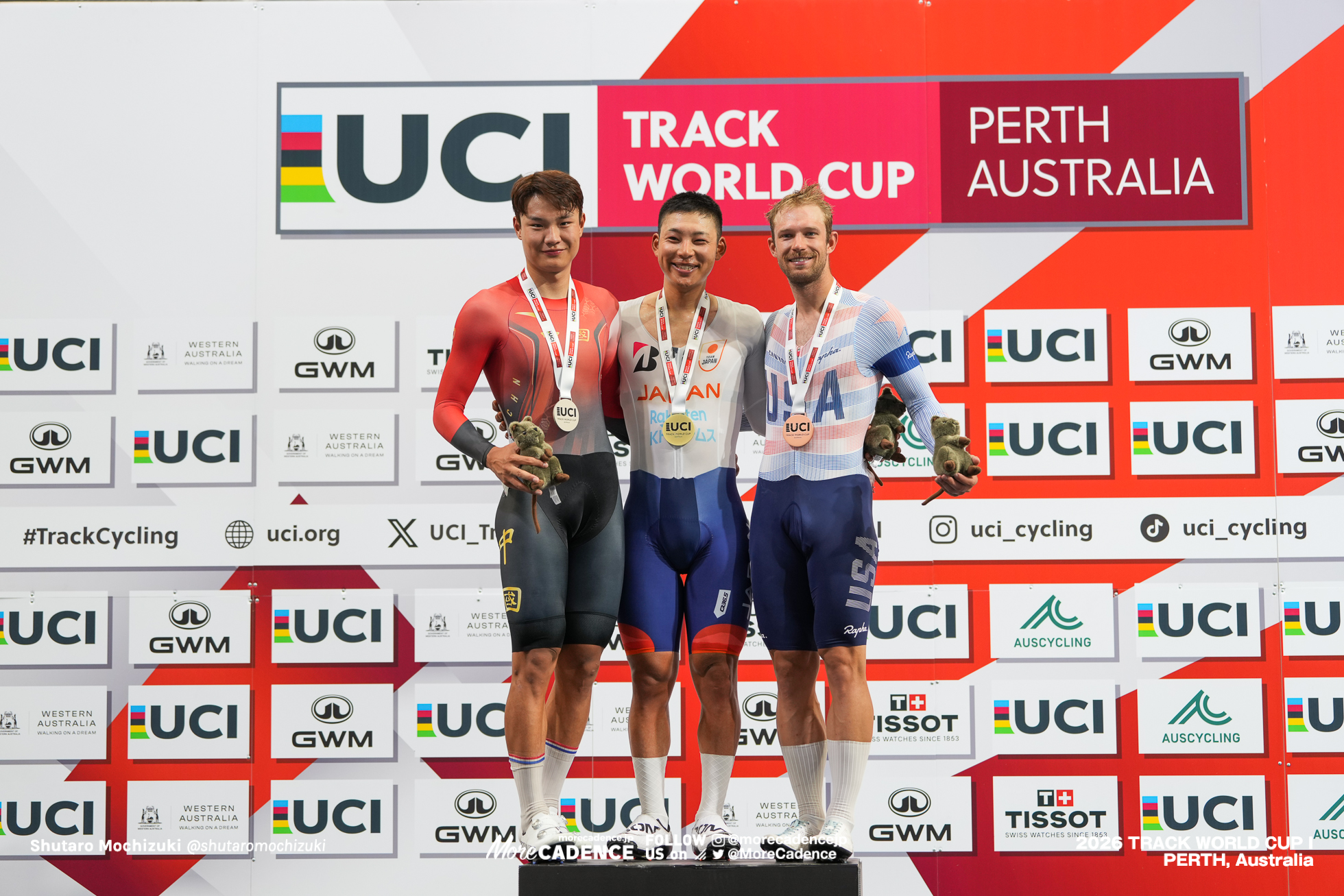 今村駿介, IMAMURA Shunsuke , JPN, ウー・ジュンジェ, WU Junjie, CHN, グレアム・フリズリー, FRISLIE Graeme Michael , USA, 男子オムニアム, 表彰, MEN Elite Omnium, Podium, 2026ワールドカップ第1戦, オーストラリア, パース, 2026 UCI Track World Cup, Round 1, Perth, Australia