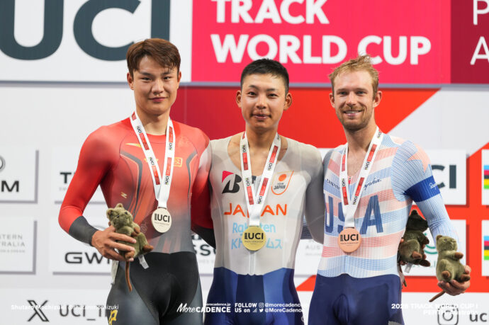 今村駿介, IMAMURA Shunsuke , JPN, ウー・ジュンジェ, WU Junjie, CHN, グレアム・フリズリー, FRISLIE Graeme Michael , USA, 男子オムニアム, 表彰, MEN Elite Omnium, Podium, 2026ワールドカップ第1戦, オーストラリア, パース, 2026 UCI Track World Cup, Round 1, Perth, Australia